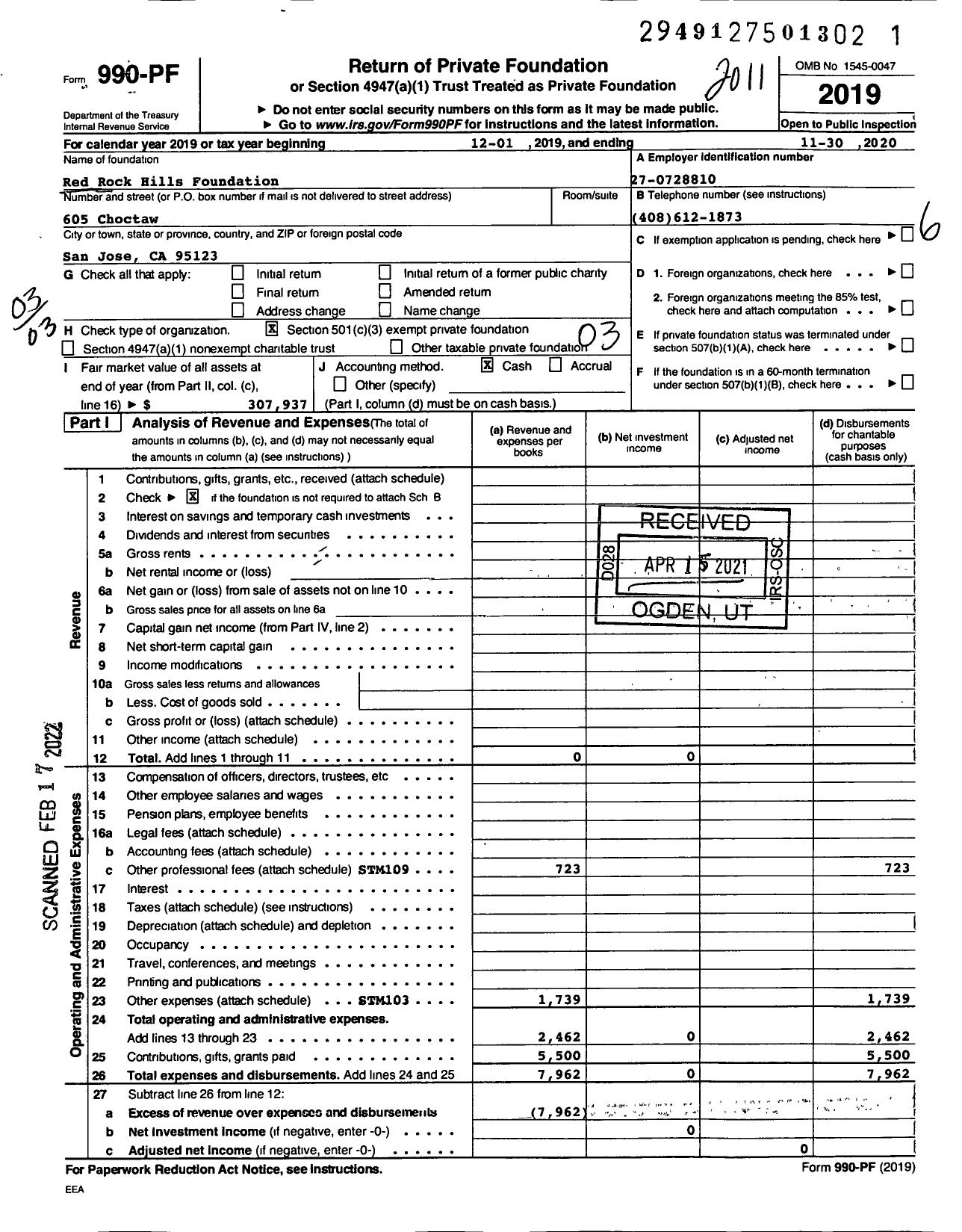 Image of first page of 2019 Form 990PF for Redrock Hills Foundation