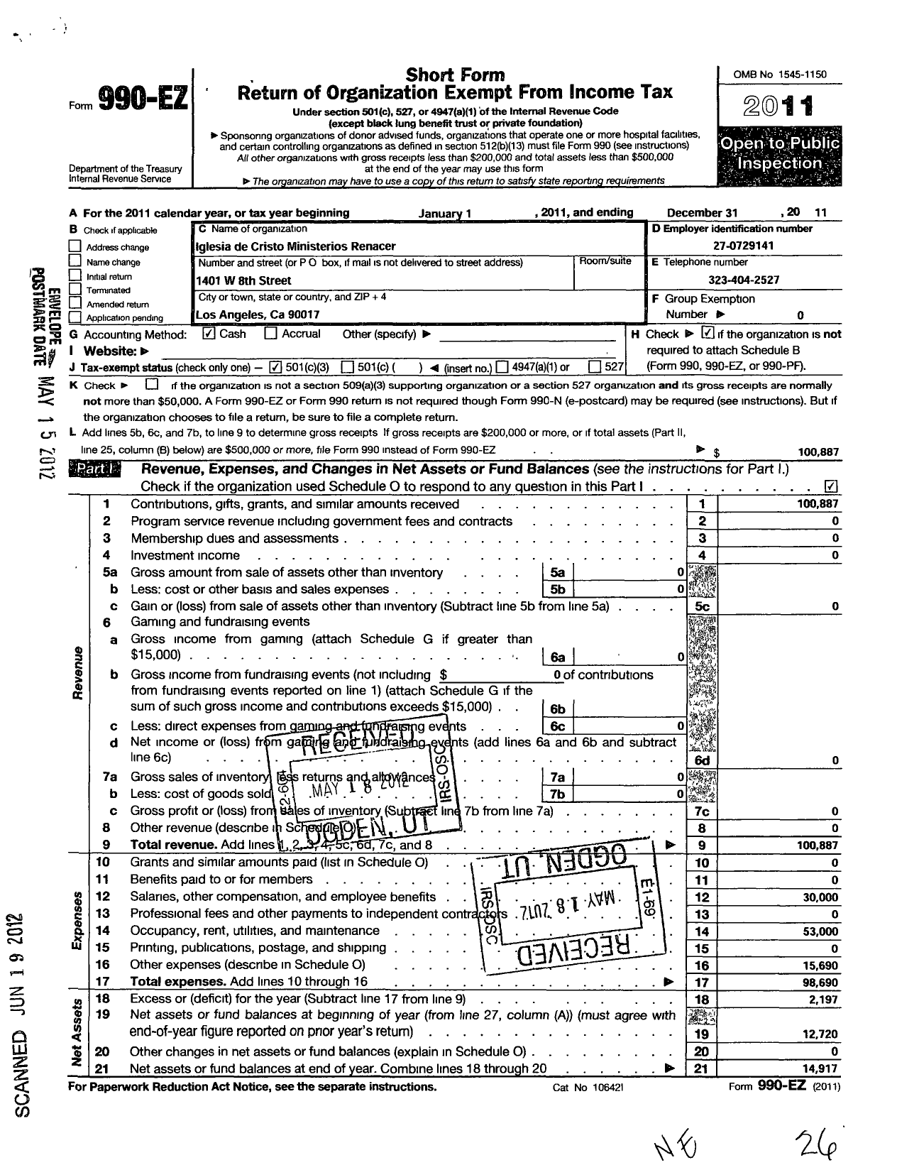 Image of first page of 2011 Form 990EZ for Iglesia de Cristo Ministerios Renacer