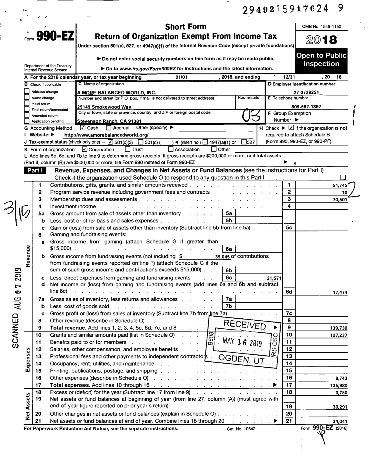 Image of first page of 2018 Form 990EZ for A More Balanced World