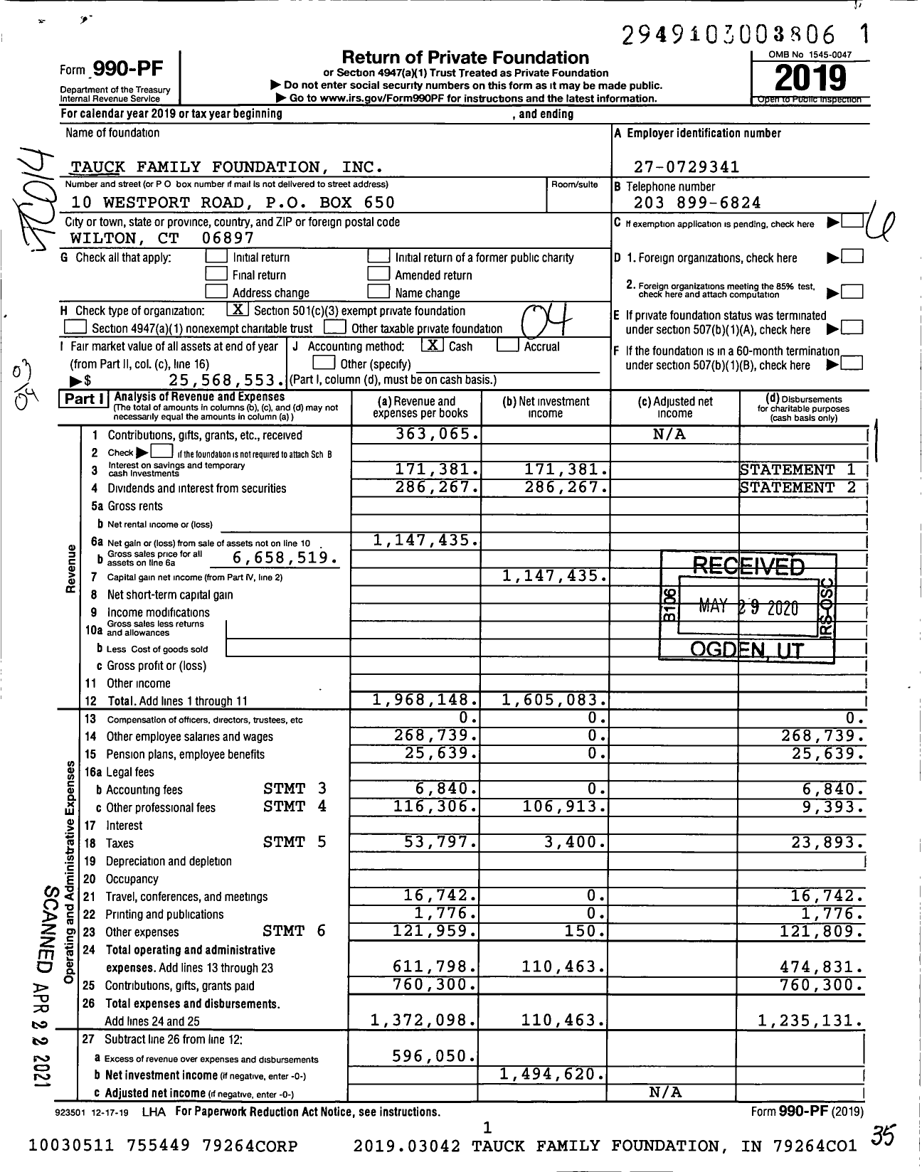 Image of first page of 2019 Form 990PF for Tauck Family Foundation