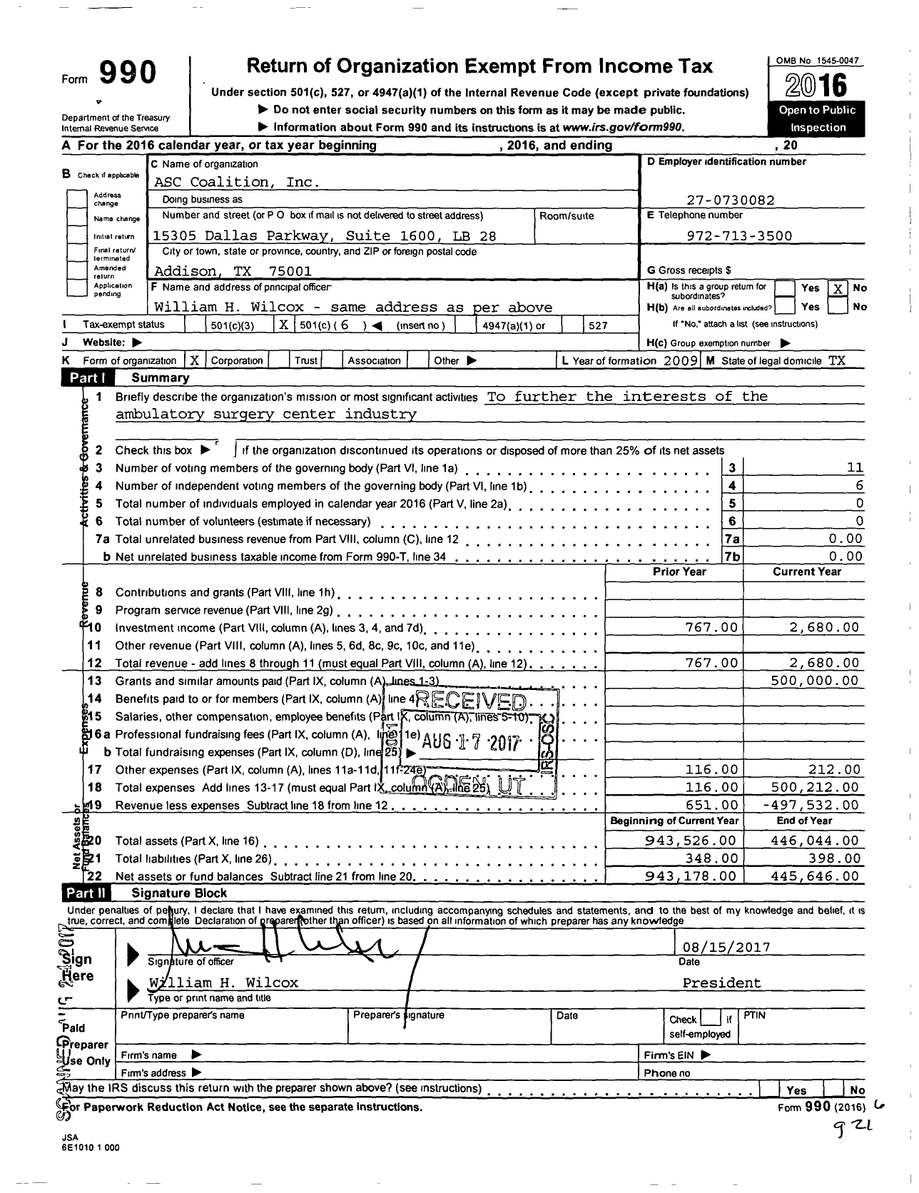 Image of first page of 2016 Form 990O for Asc Coalition