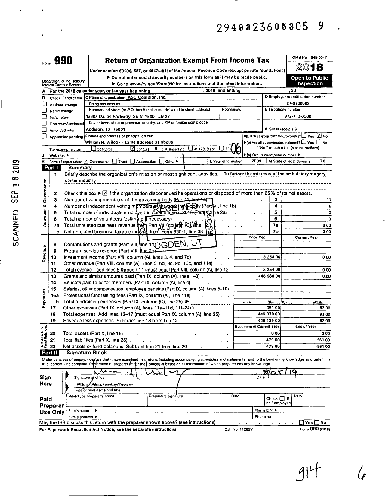 Image of first page of 2018 Form 990O for Asc Coalition