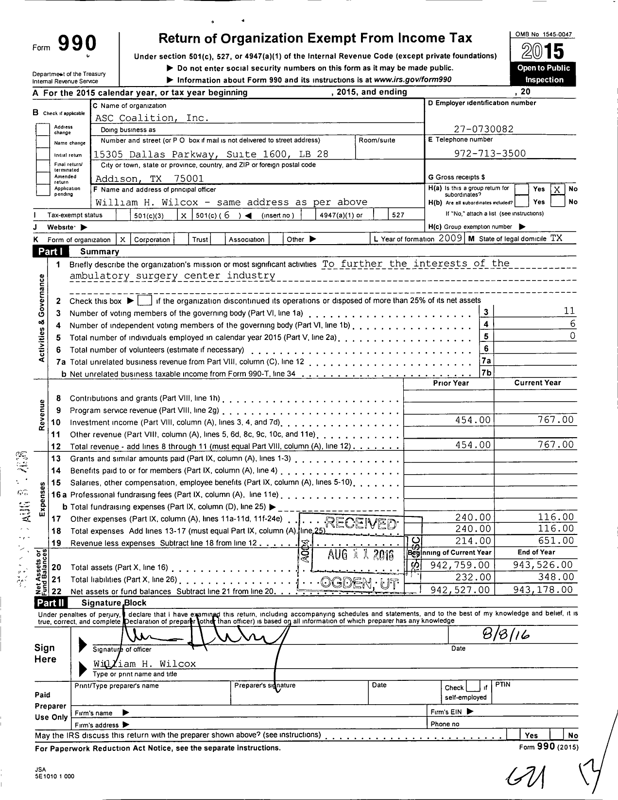 Image of first page of 2015 Form 990O for Asc Coalition