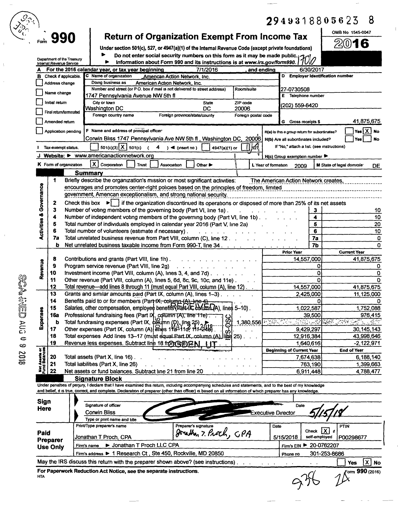 Image of first page of 2016 Form 990O for American Action Network