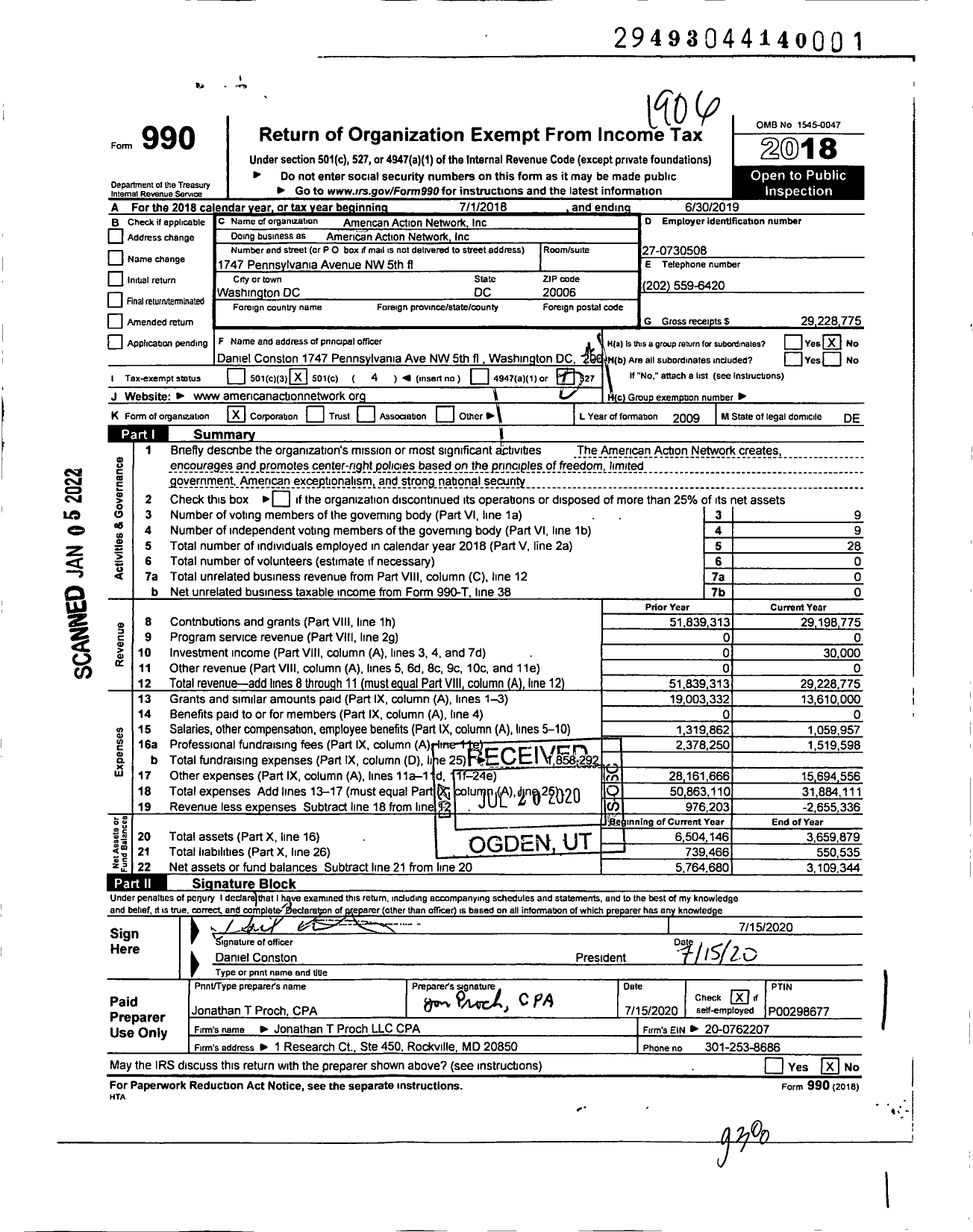 Image of first page of 2018 Form 990O for American Action Network