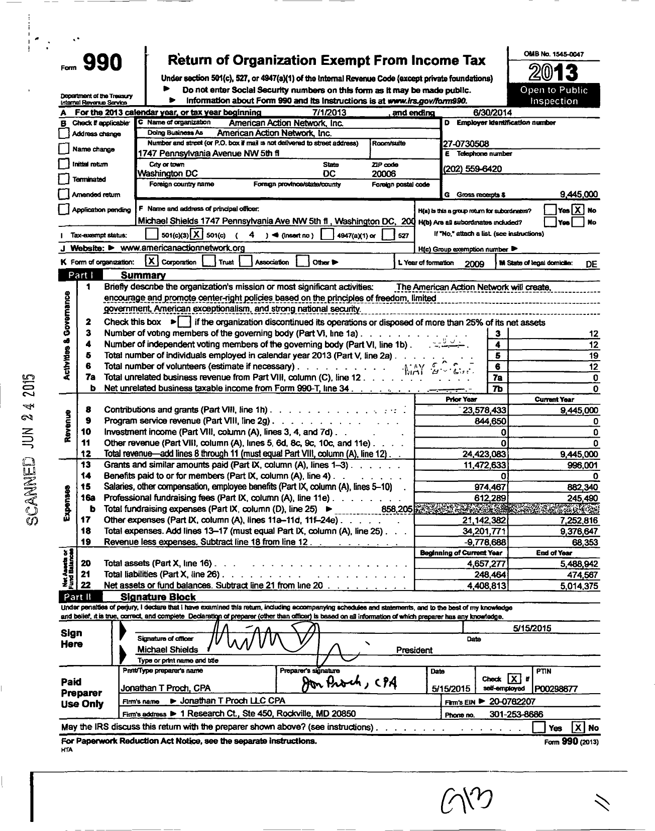 Image of first page of 2013 Form 990O for American Action Network
