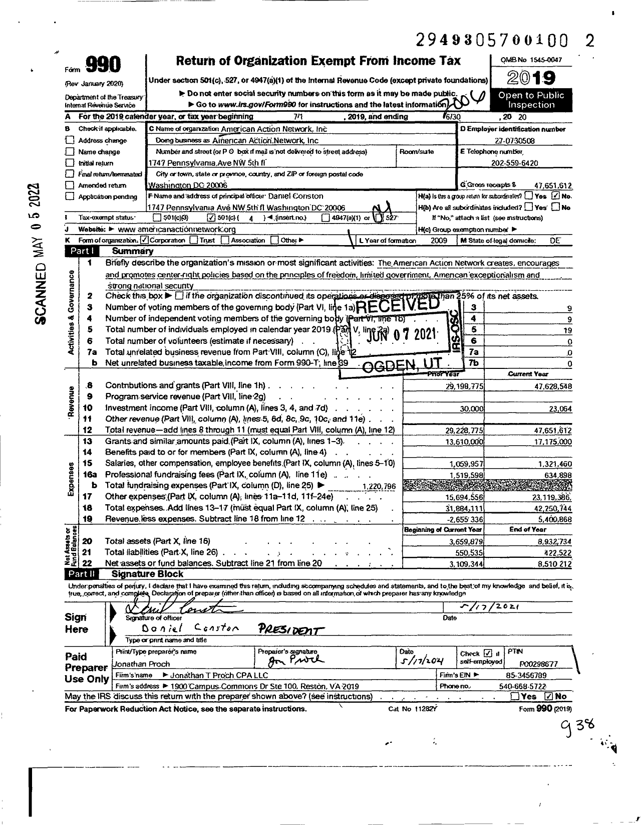 Image of first page of 2019 Form 990O for American Action Network