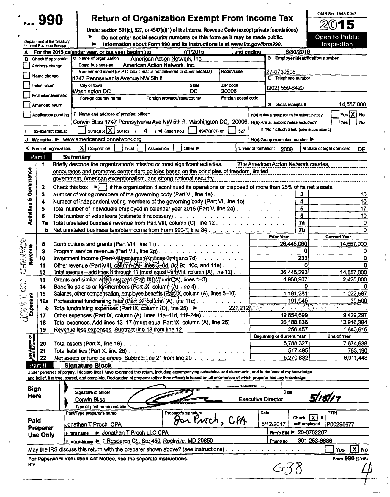 Image of first page of 2015 Form 990O for American Action Network
