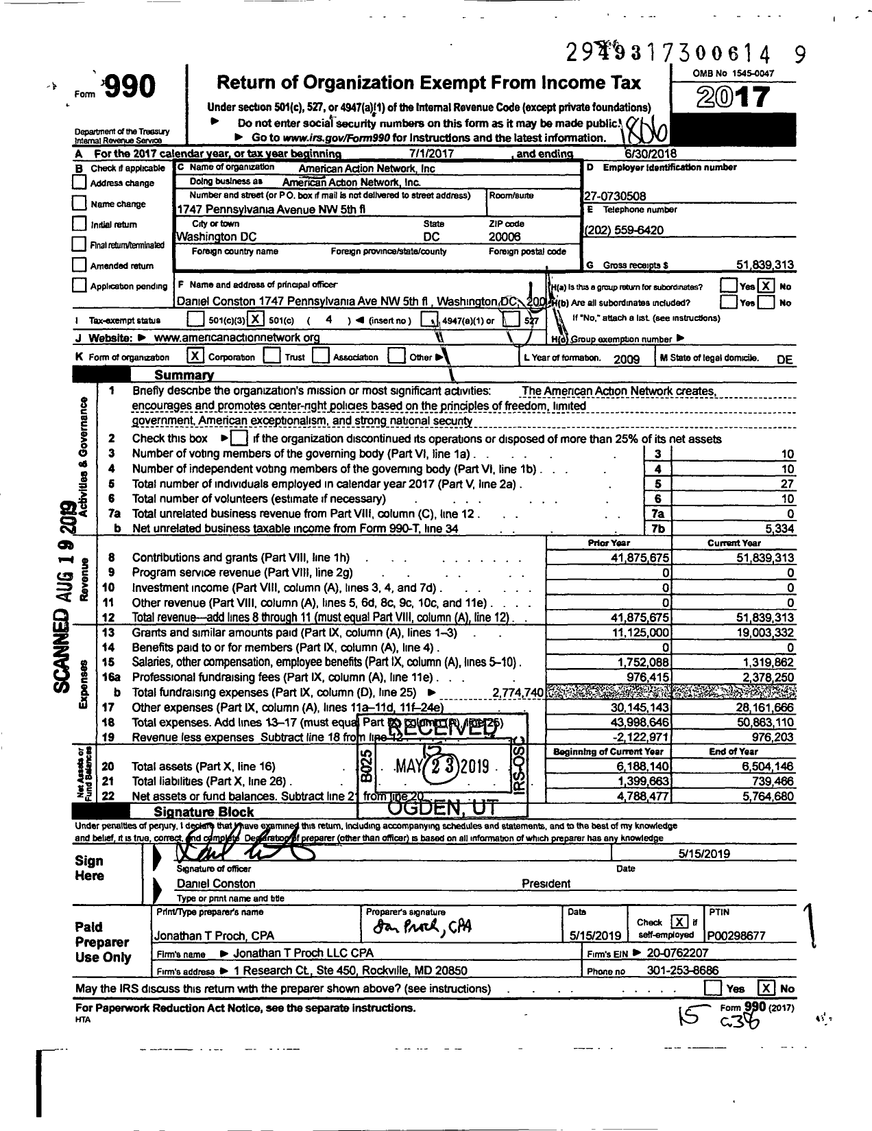 Image of first page of 2017 Form 990O for American Action Network