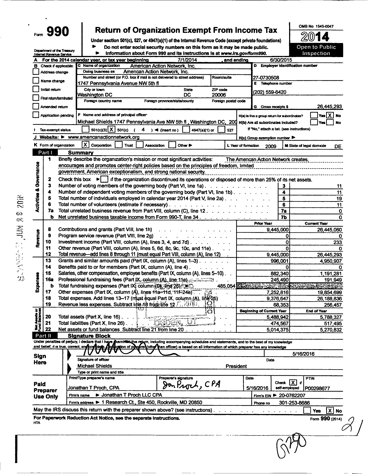 Image of first page of 2014 Form 990O for American Action Network