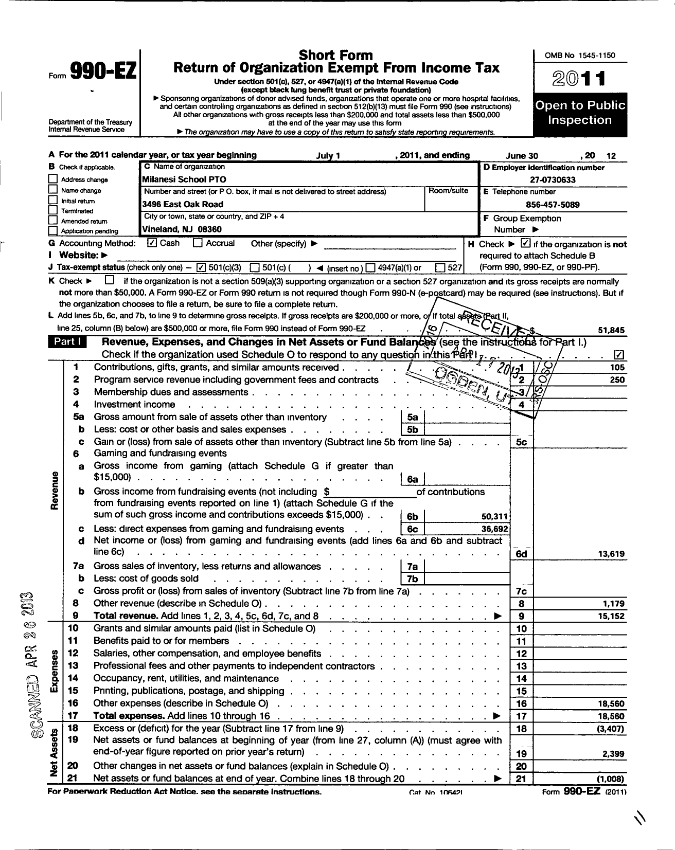Image of first page of 2011 Form 990EZ for Parent Booster USA / Milanesi Pto