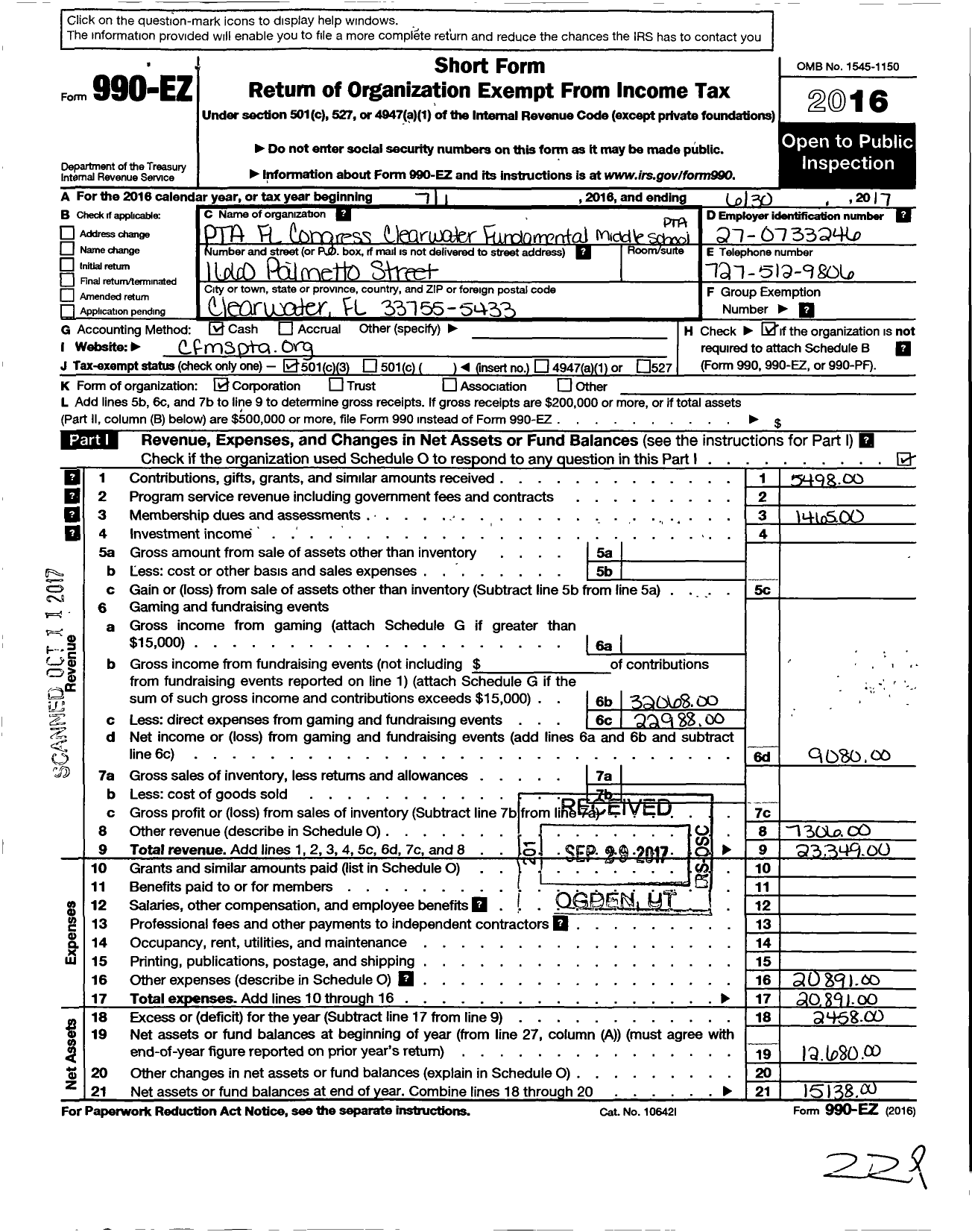 Image of first page of 2016 Form 990EZ for PTA Florida Congress - Clearwater Fundamental Middle PTA