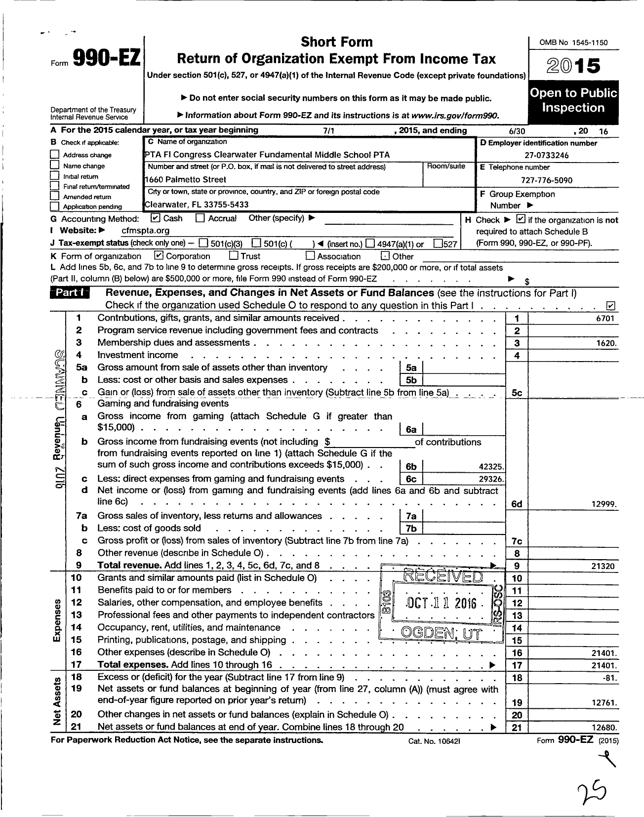 Image of first page of 2015 Form 990EO for PTA Florida Congress - Clearwater Fundamental Middle PTA