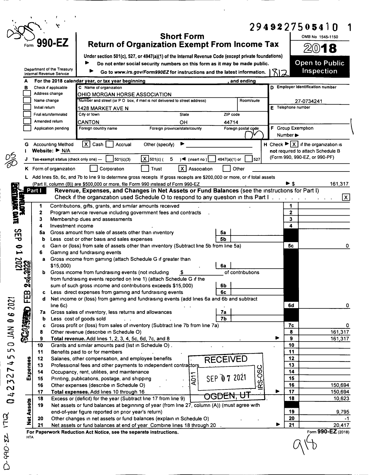 Image of first page of 2018 Form 990EO for Ohio Morgan Horse Association