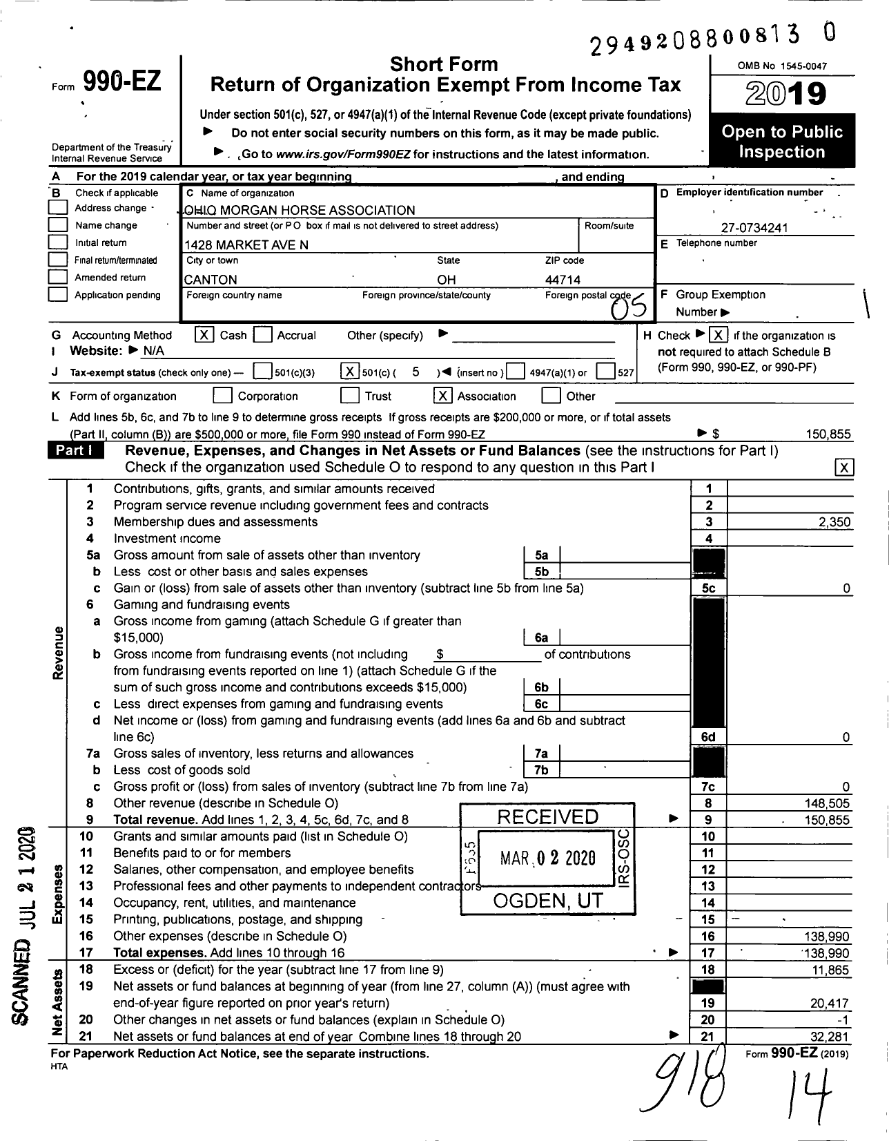 Image of first page of 2019 Form 990EO for Ohio Morgan Horse Association