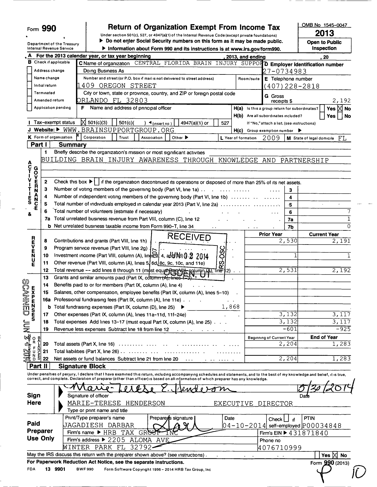 Image of first page of 2013 Form 990 for Central Florida Brain Injury Support Group