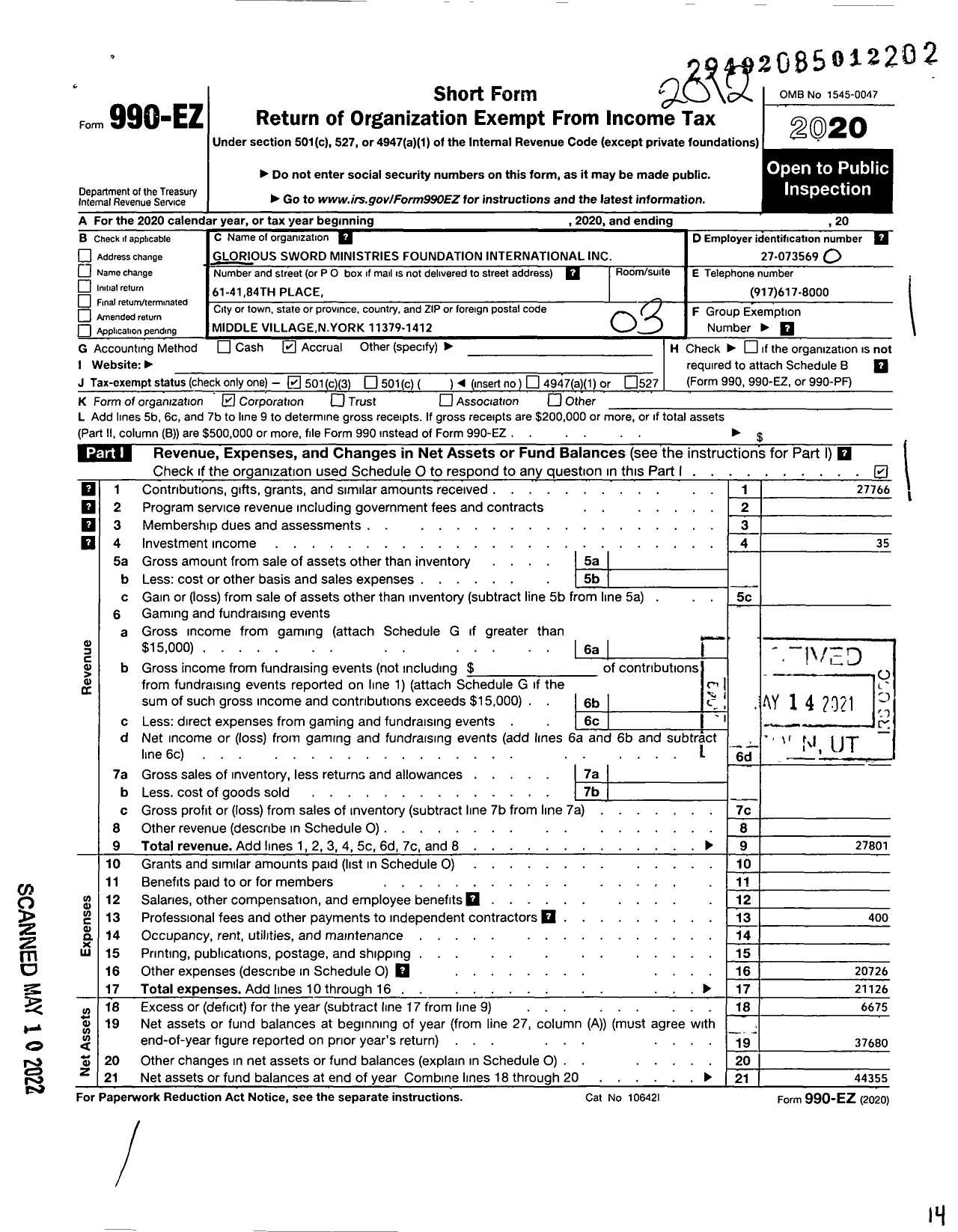 Image of first page of 2020 Form 990EZ for Glorious Sword Ministries Foundation International