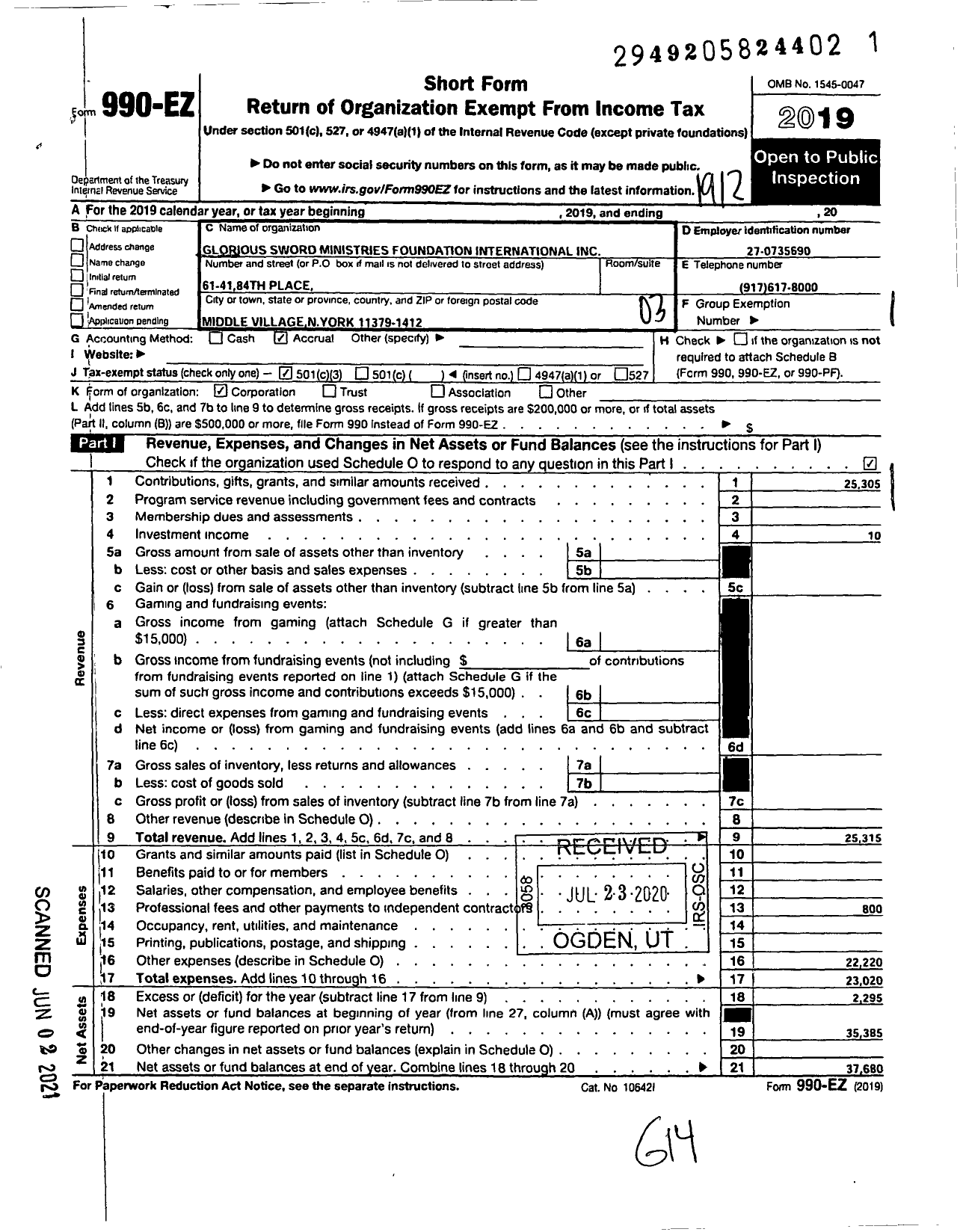 Image of first page of 2019 Form 990EZ for Glorious Sword Ministries Foundation International