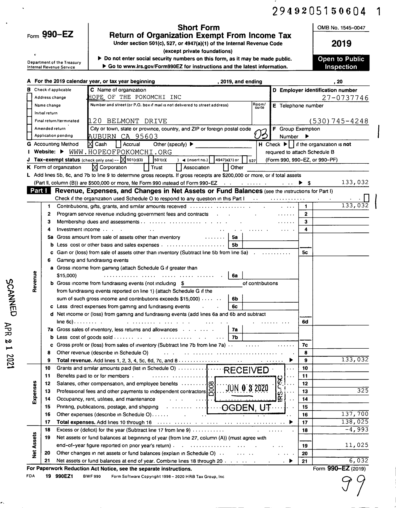 Image of first page of 2019 Form 990EZ for Hope of the Pokomchi