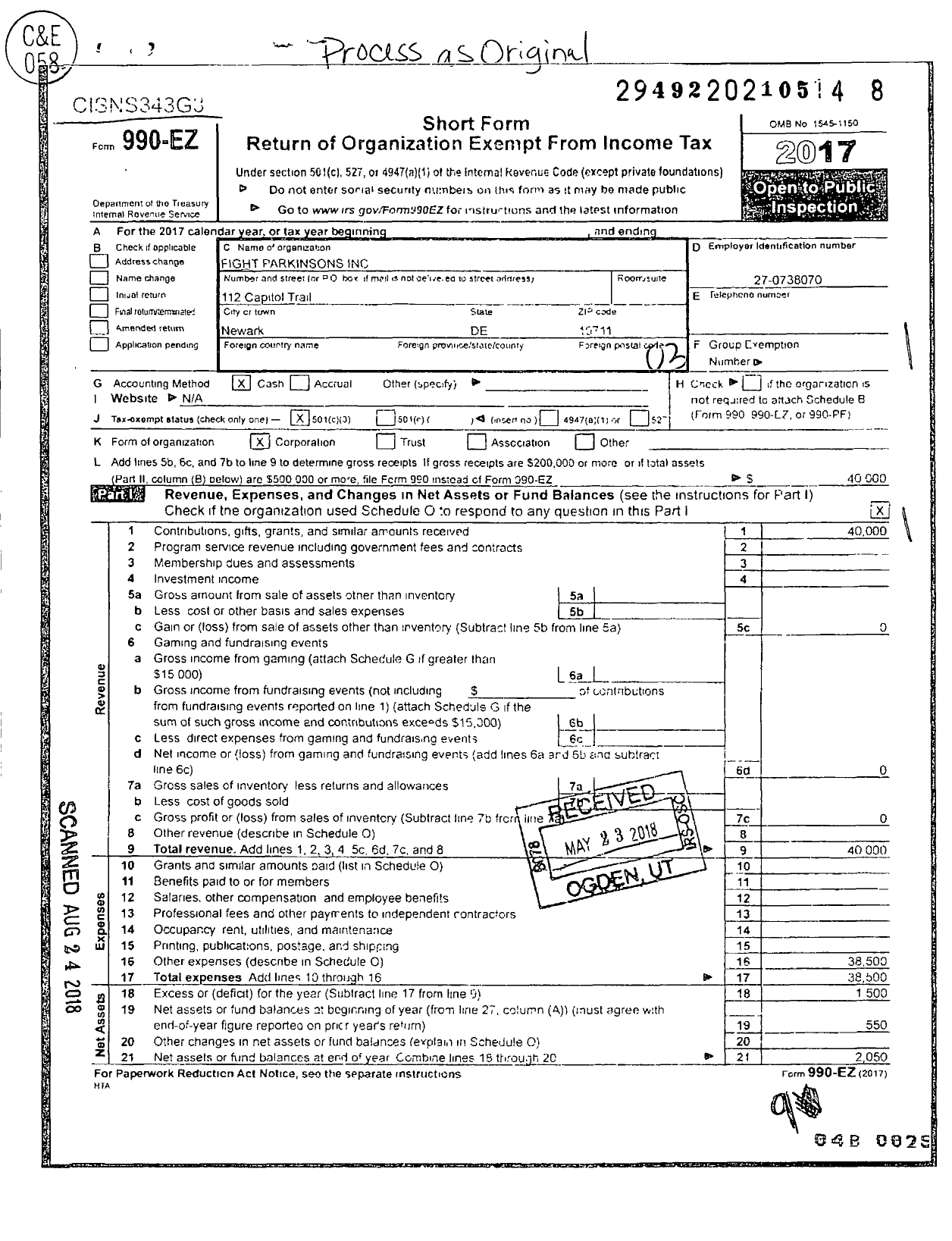 Image of first page of 2017 Form 990EZ for Fr8auctions Humanitarian Aid Foundation