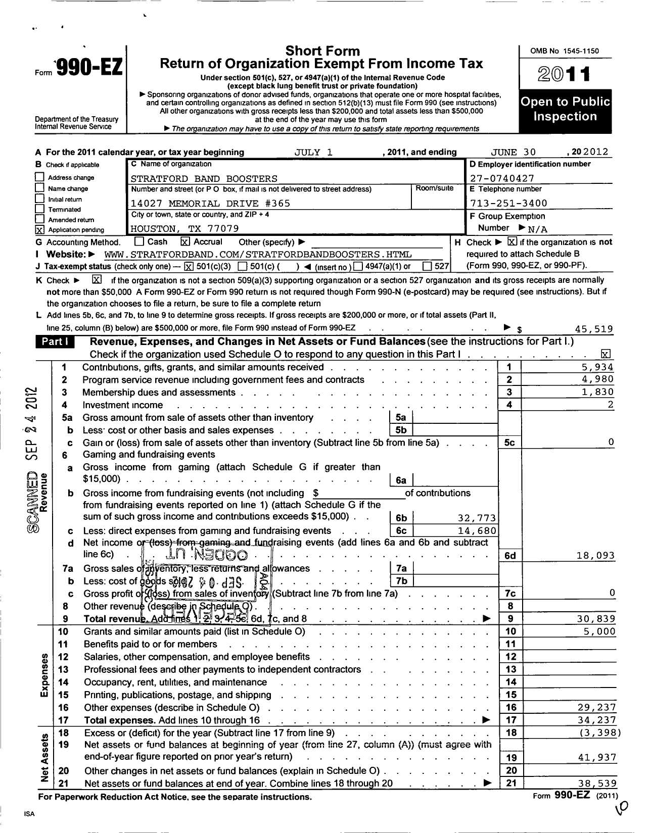 Image of first page of 2011 Form 990EZ for Stratford Band Boosters