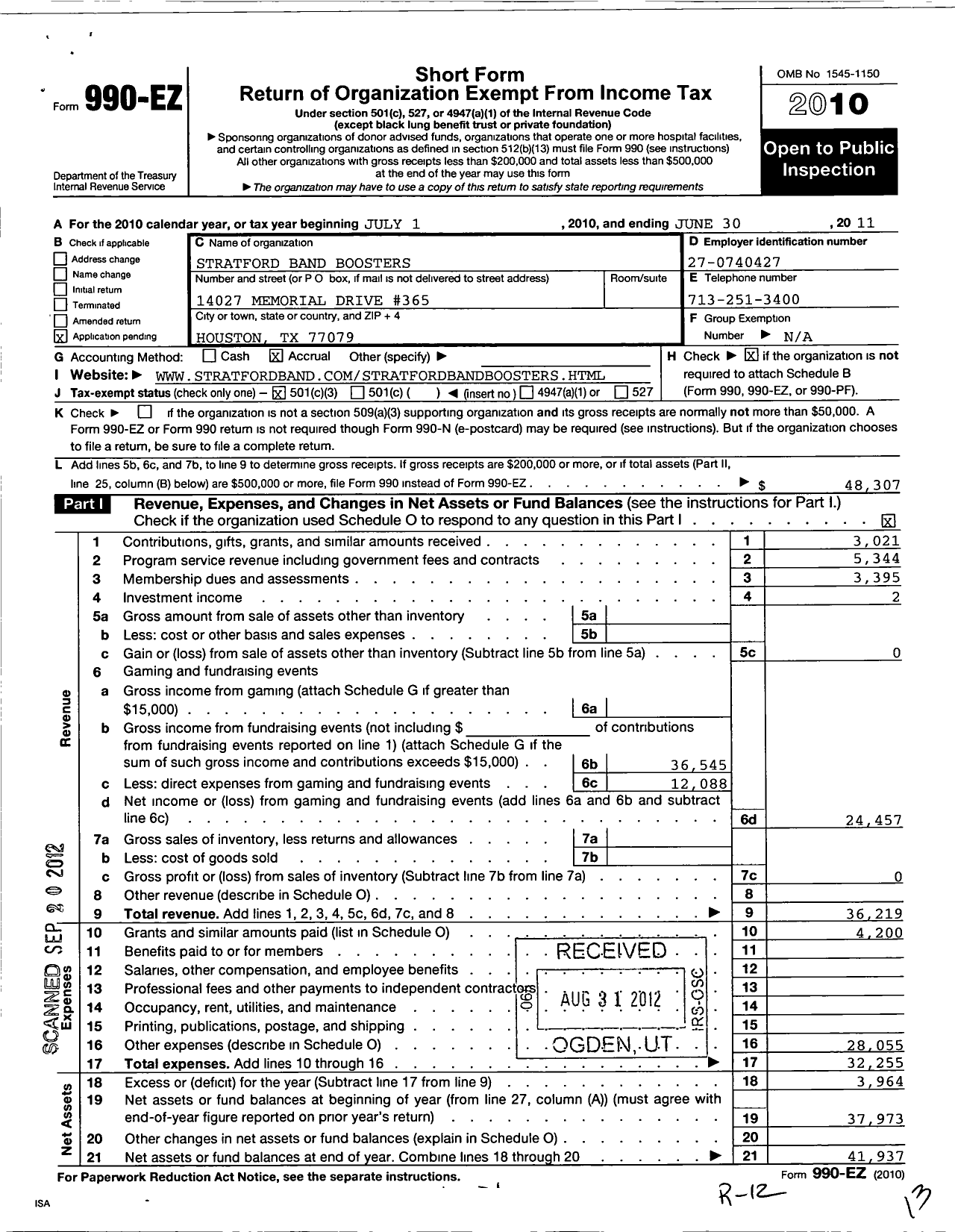 Image of first page of 2010 Form 990EZ for Stratford Band Boosters