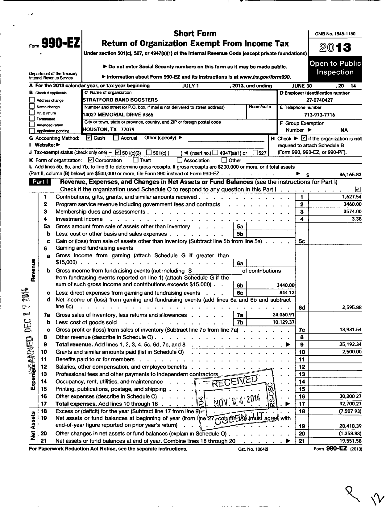 Image of first page of 2013 Form 990EZ for Stratford Band Boosters