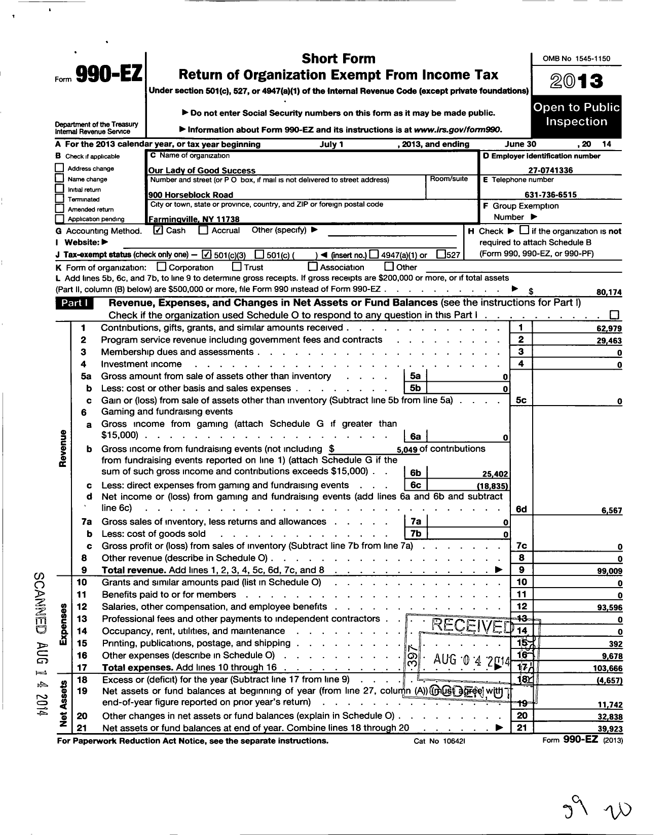 Image of first page of 2013 Form 990EZ for Our Lady of Good Success