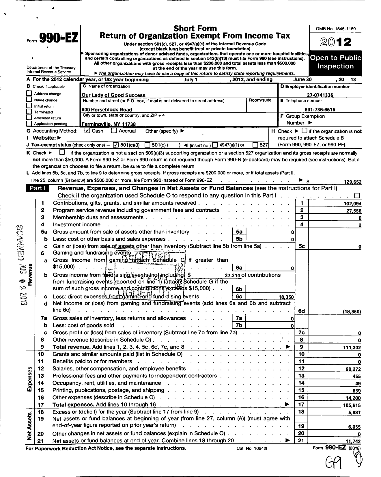 Image of first page of 2012 Form 990EZ for Our Lady of Good Success