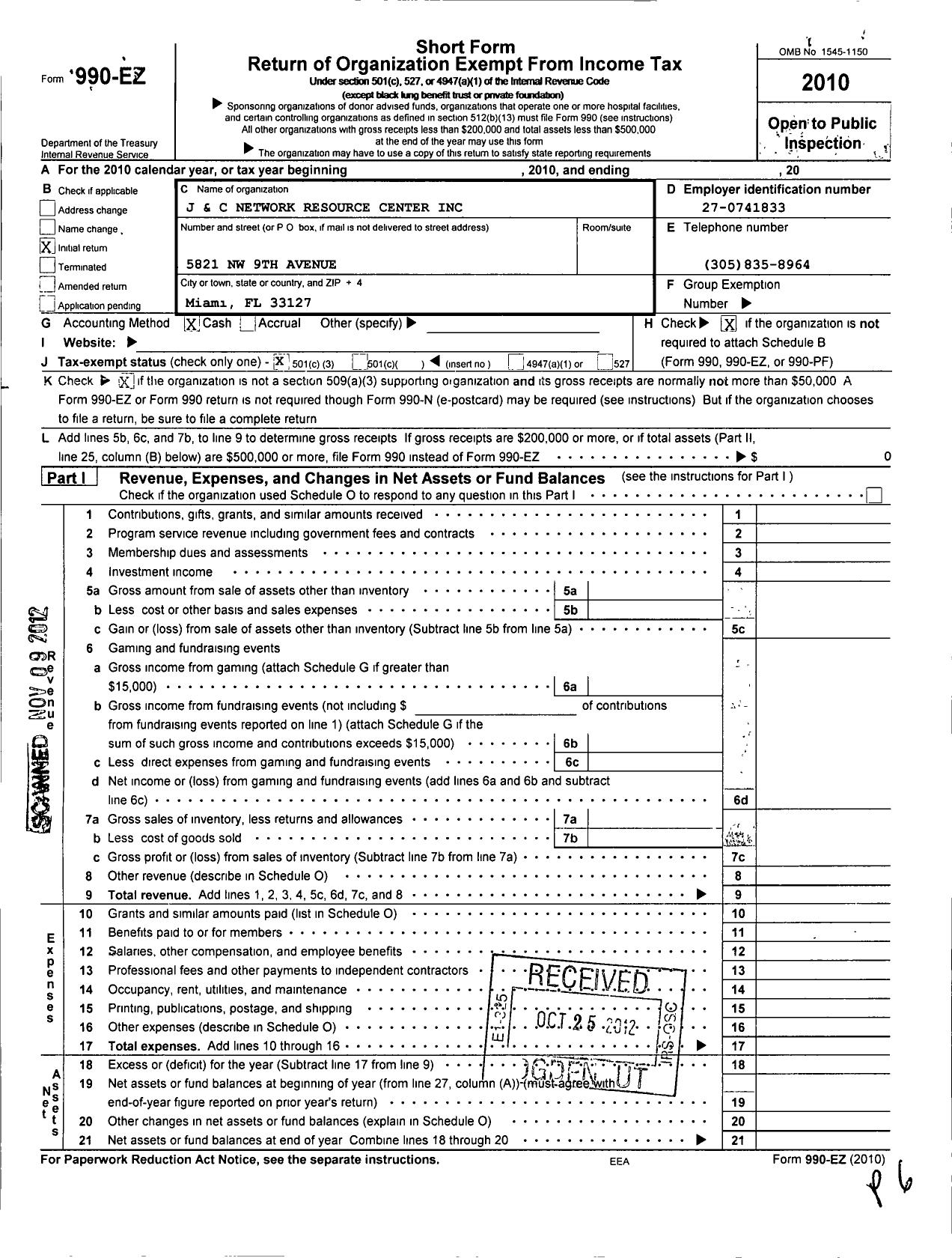 Image of first page of 2010 Form 990EZ for J and C Network Resource Center