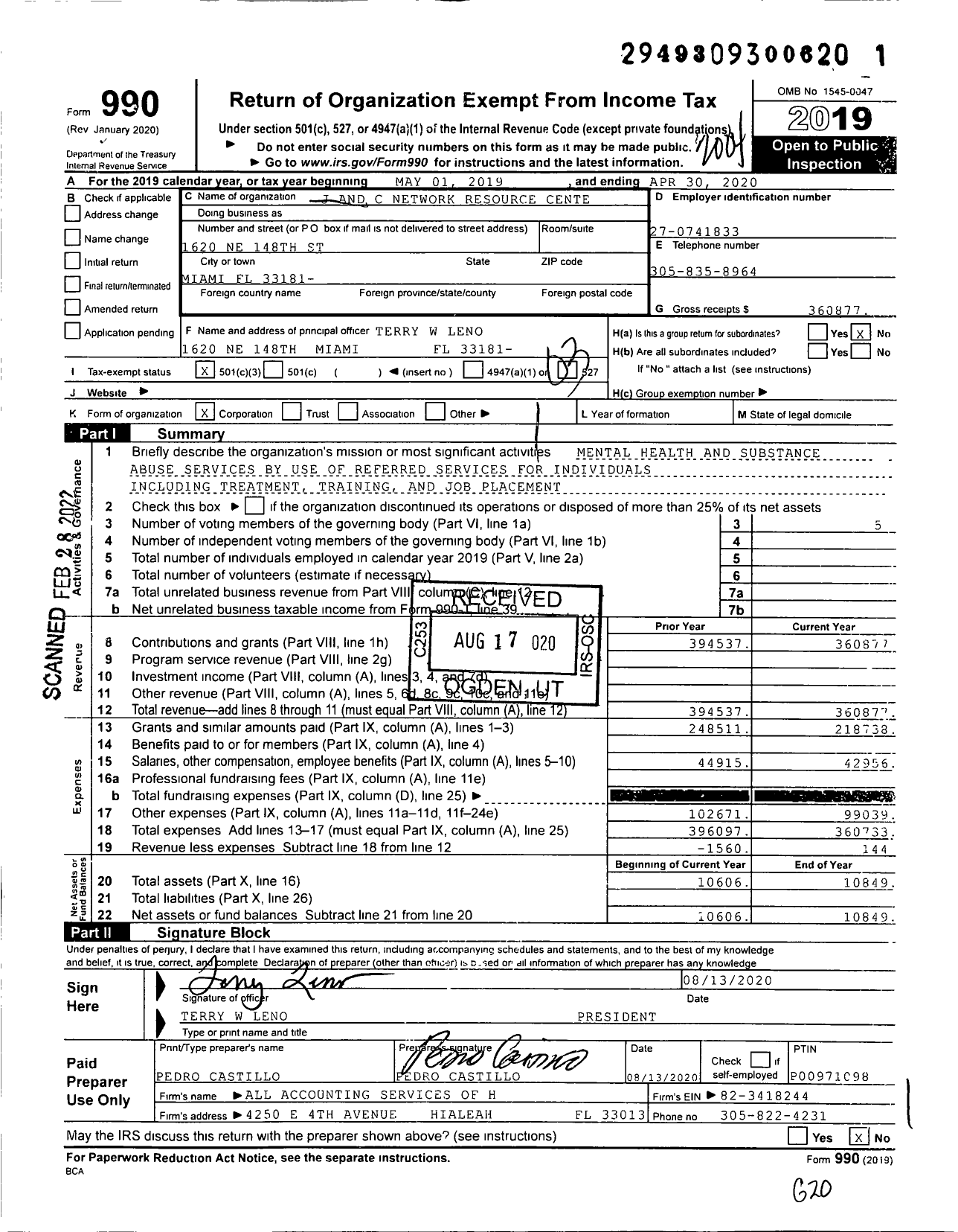 Image of first page of 2019 Form 990 for J and C Network Resource Center