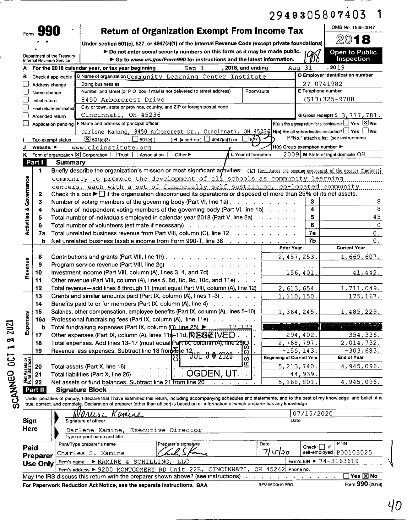 Image of first page of 2018 Form 990 for Community Learning Center Institute