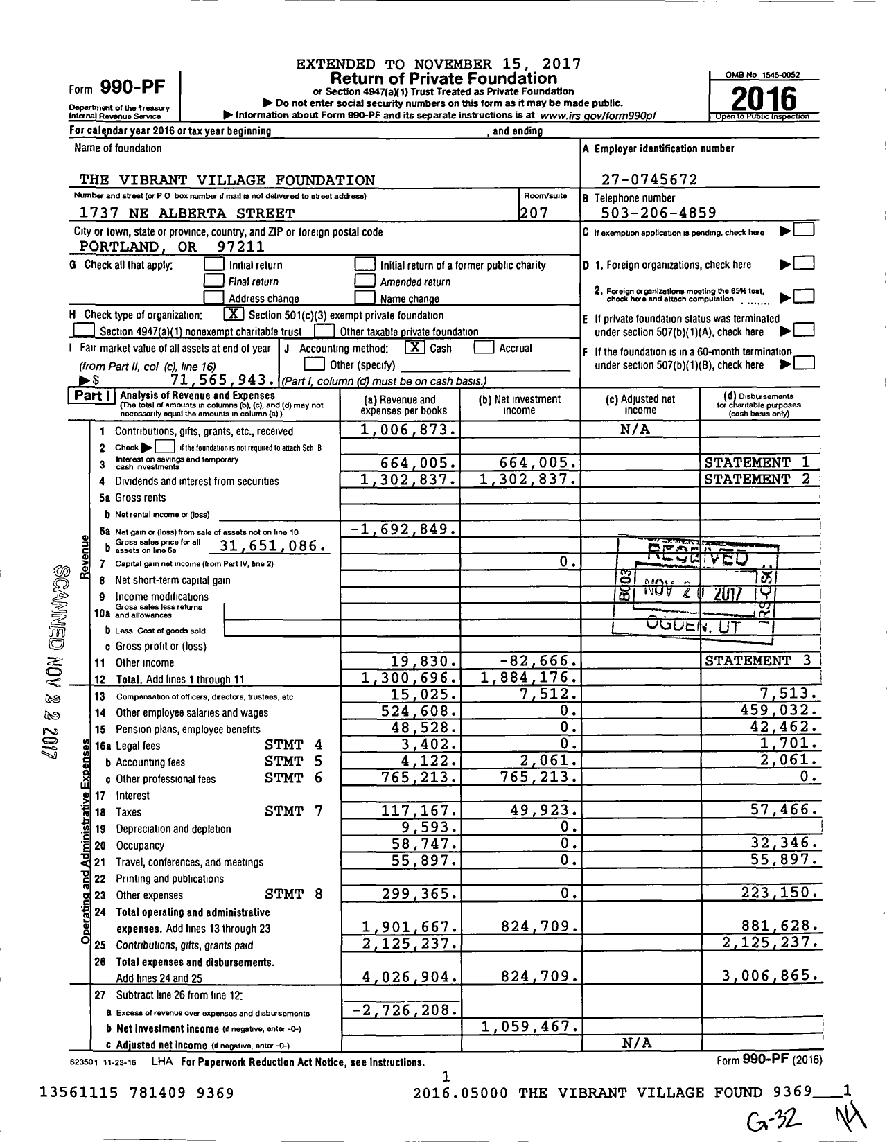 Image of first page of 2016 Form 990PF for The Vibrant Village Foundation