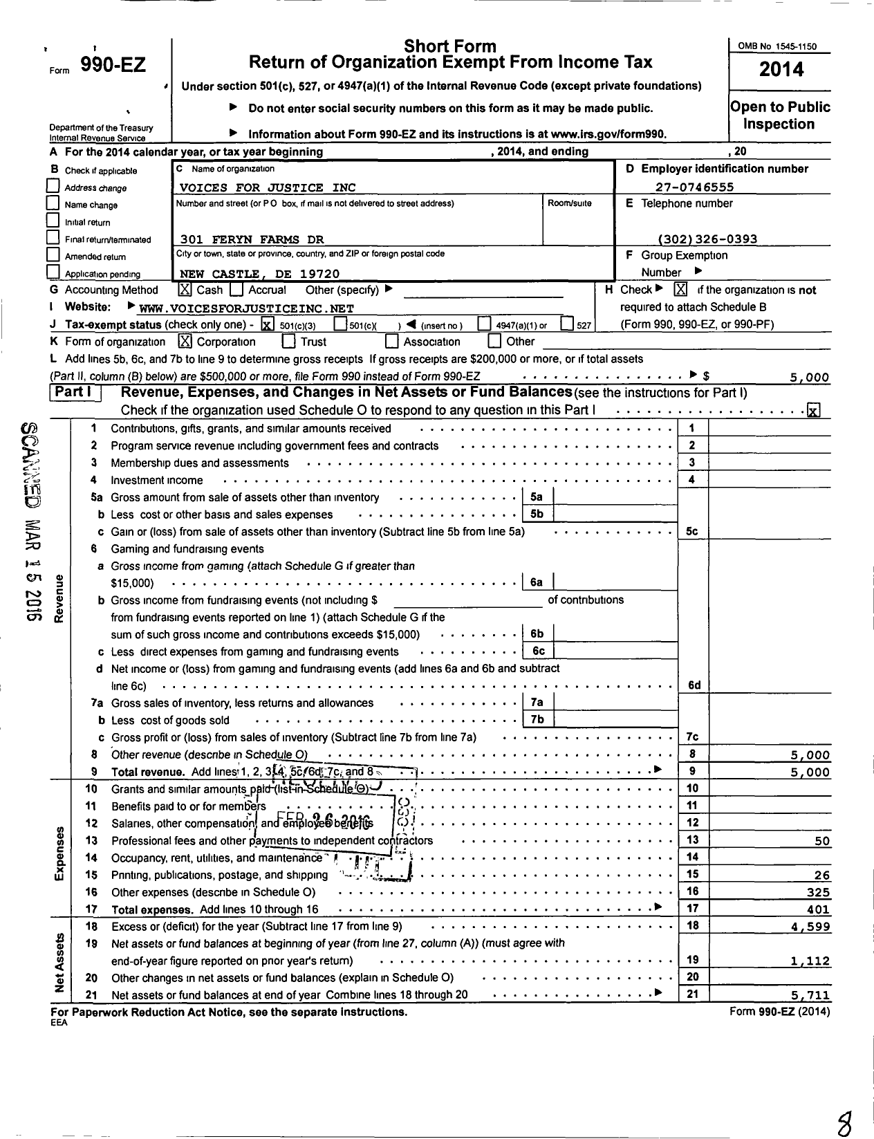 Image of first page of 2014 Form 990EZ for Voices for Justice