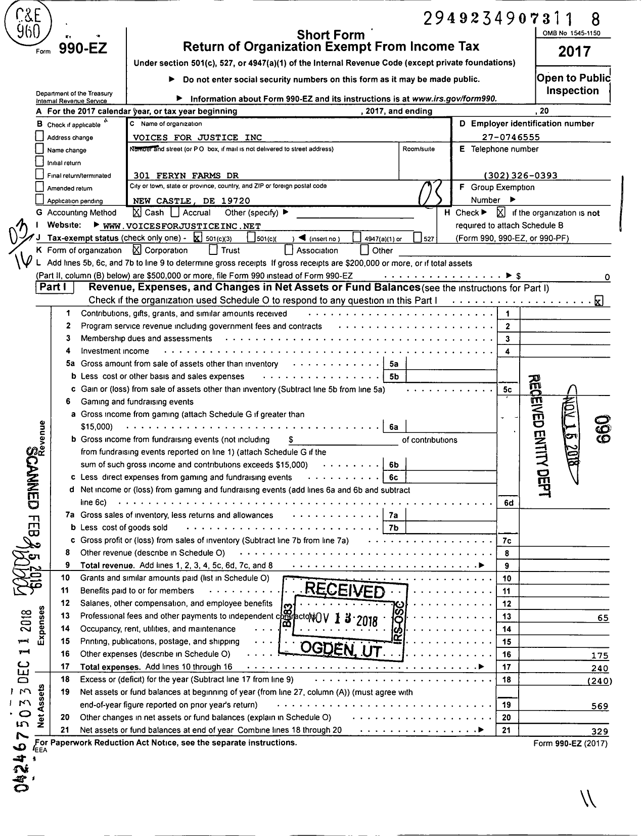 Image of first page of 2017 Form 990EZ for Voices for Justice