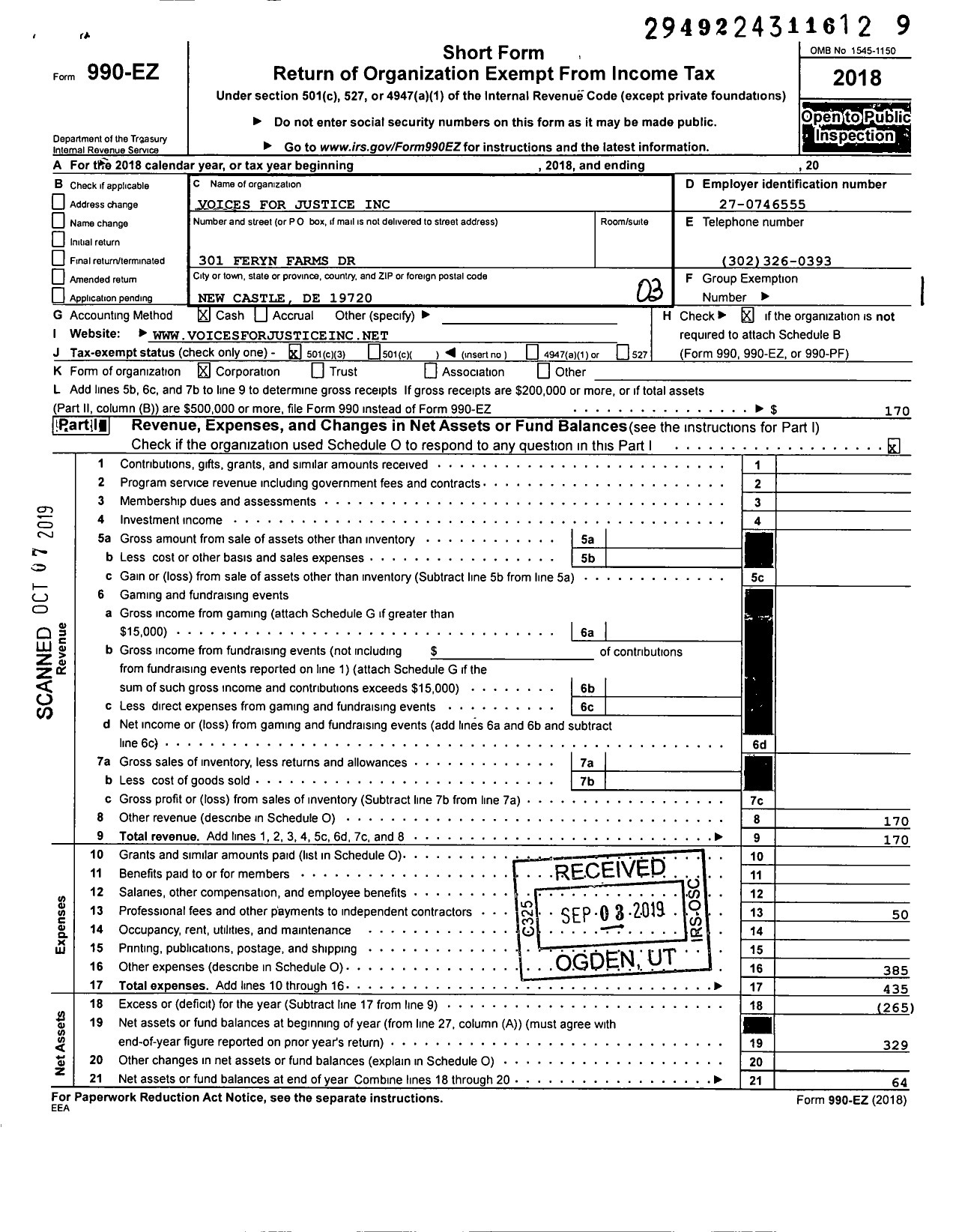 Image of first page of 2018 Form 990EZ for Voices for Justice