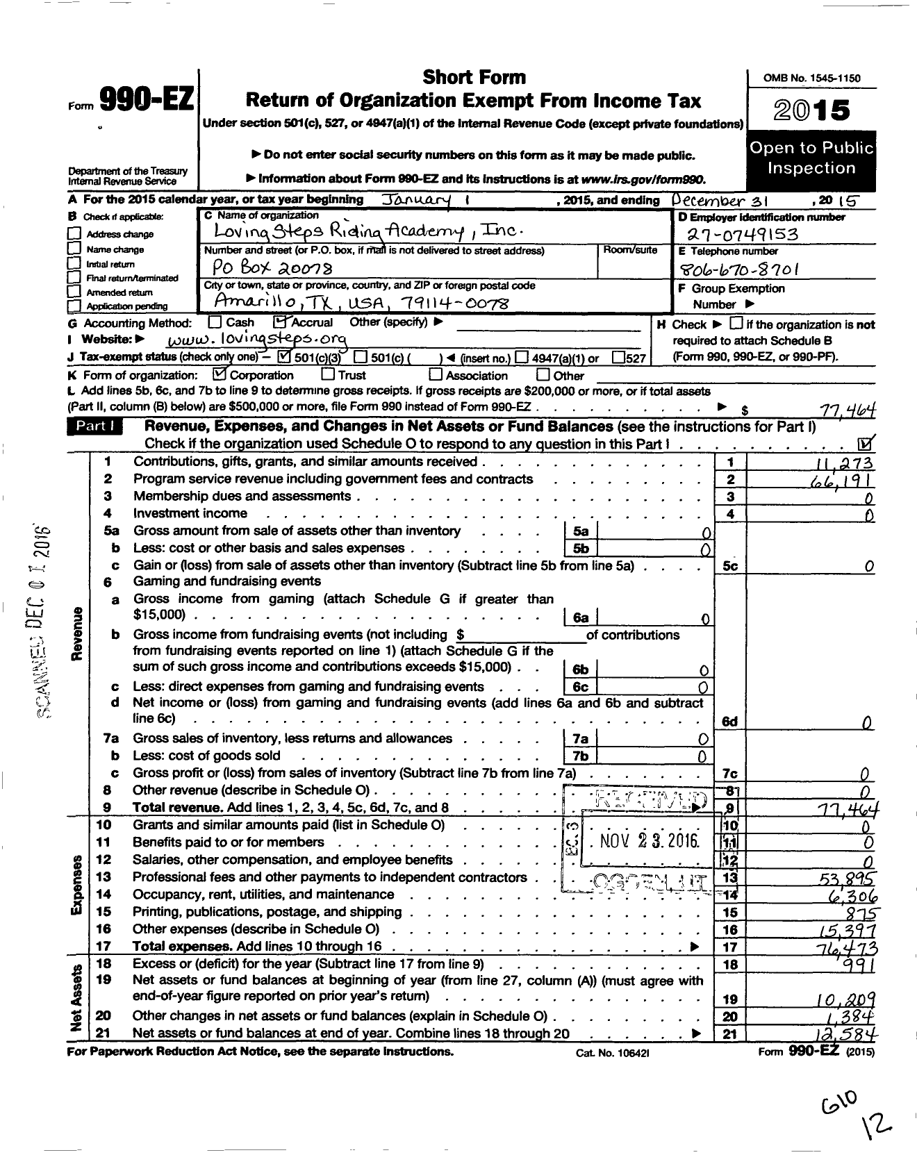 Image of first page of 2015 Form 990EZ for Loving Steps Riding Academy