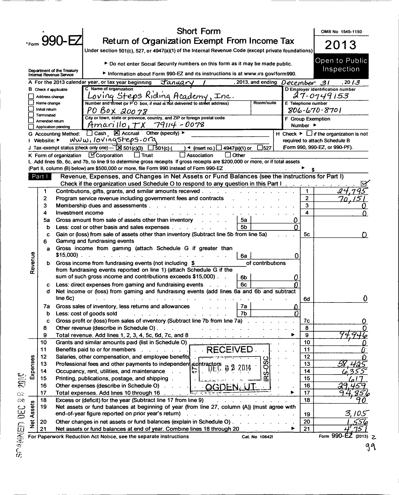 Image of first page of 2013 Form 990EZ for Loving Steps Riding Academy