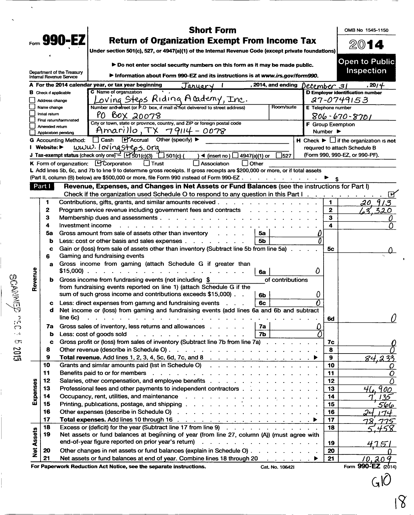 Image of first page of 2014 Form 990EZ for Loving Steps Riding Academy