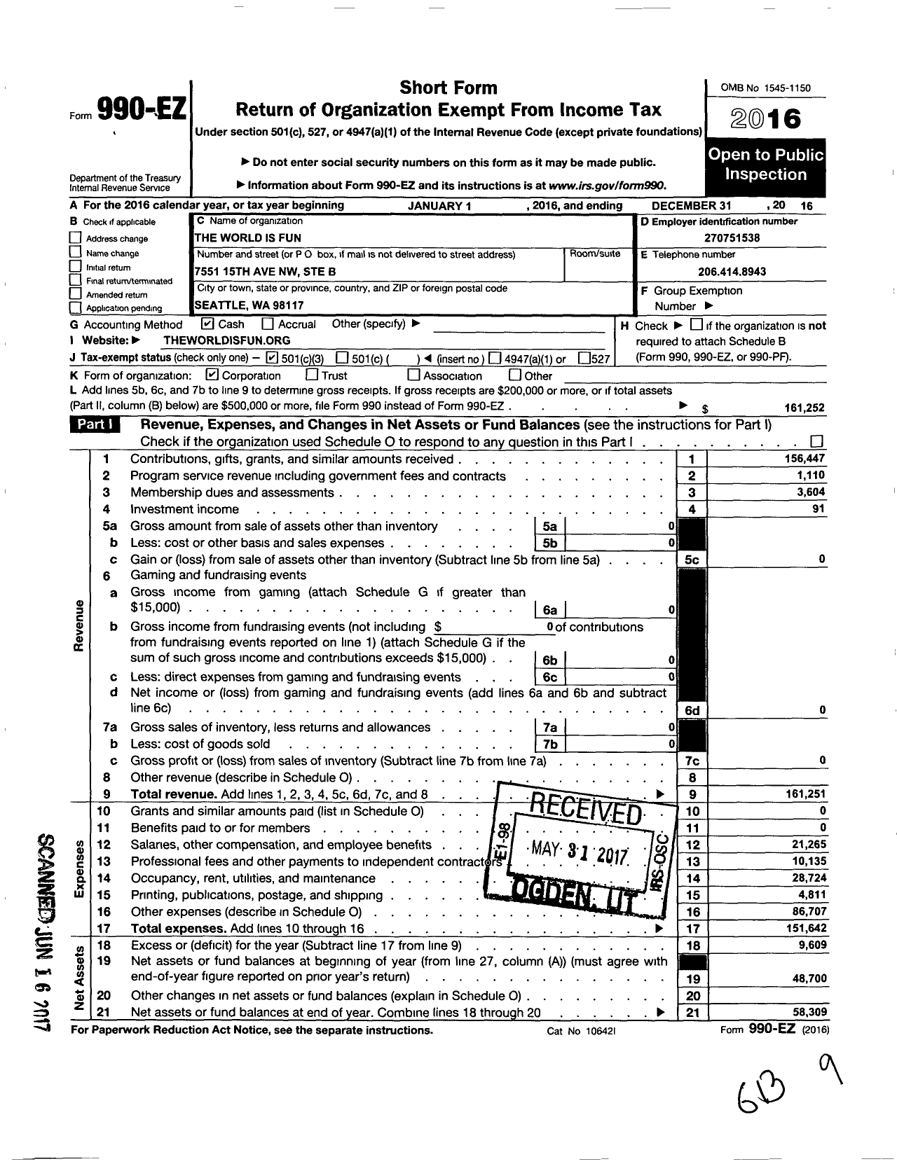 Image of first page of 2016 Form 990EZ for The World Is Fun (TWIF)