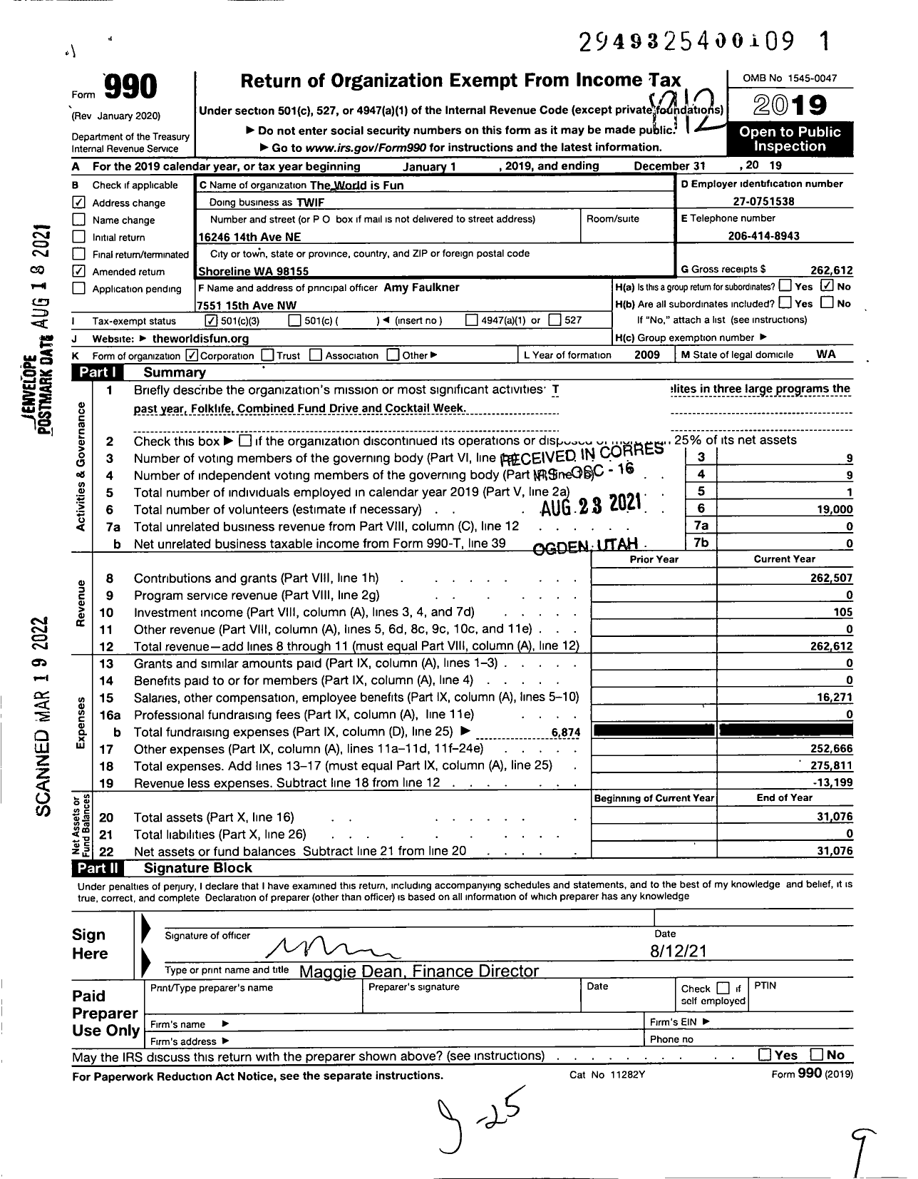 Image of first page of 2019 Form 990 for The World Is Fun (TWIF)