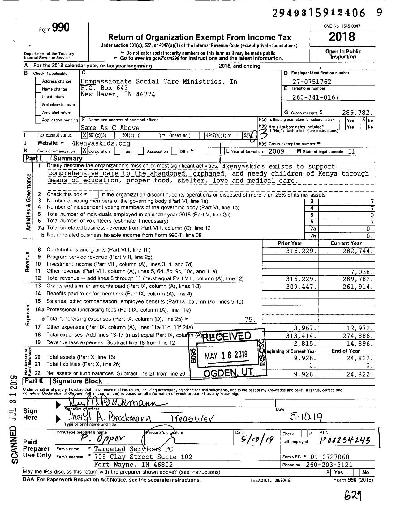 Image of first page of 2018 Form 990 for Compassionate Social Care Ministries In