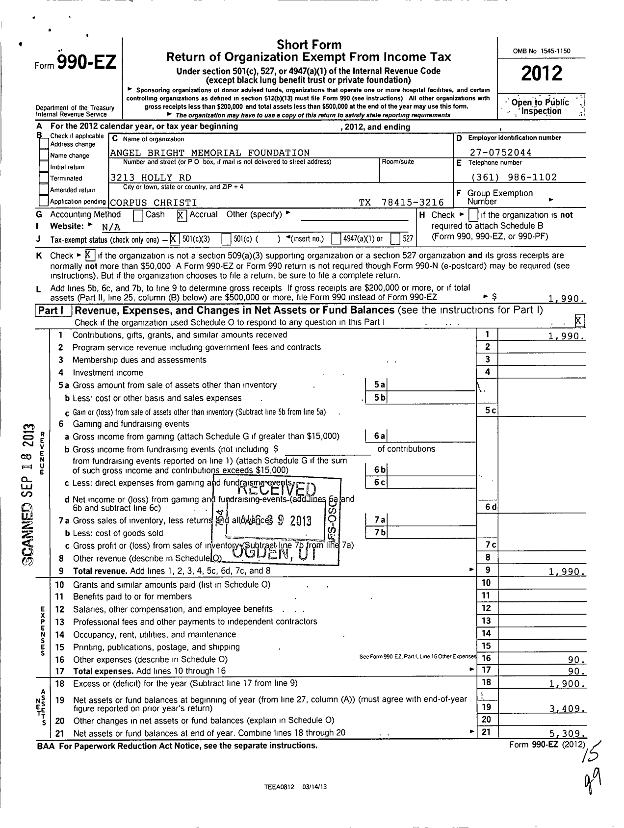 Image of first page of 2012 Form 990EZ for Angel Bright Memorial Foundation