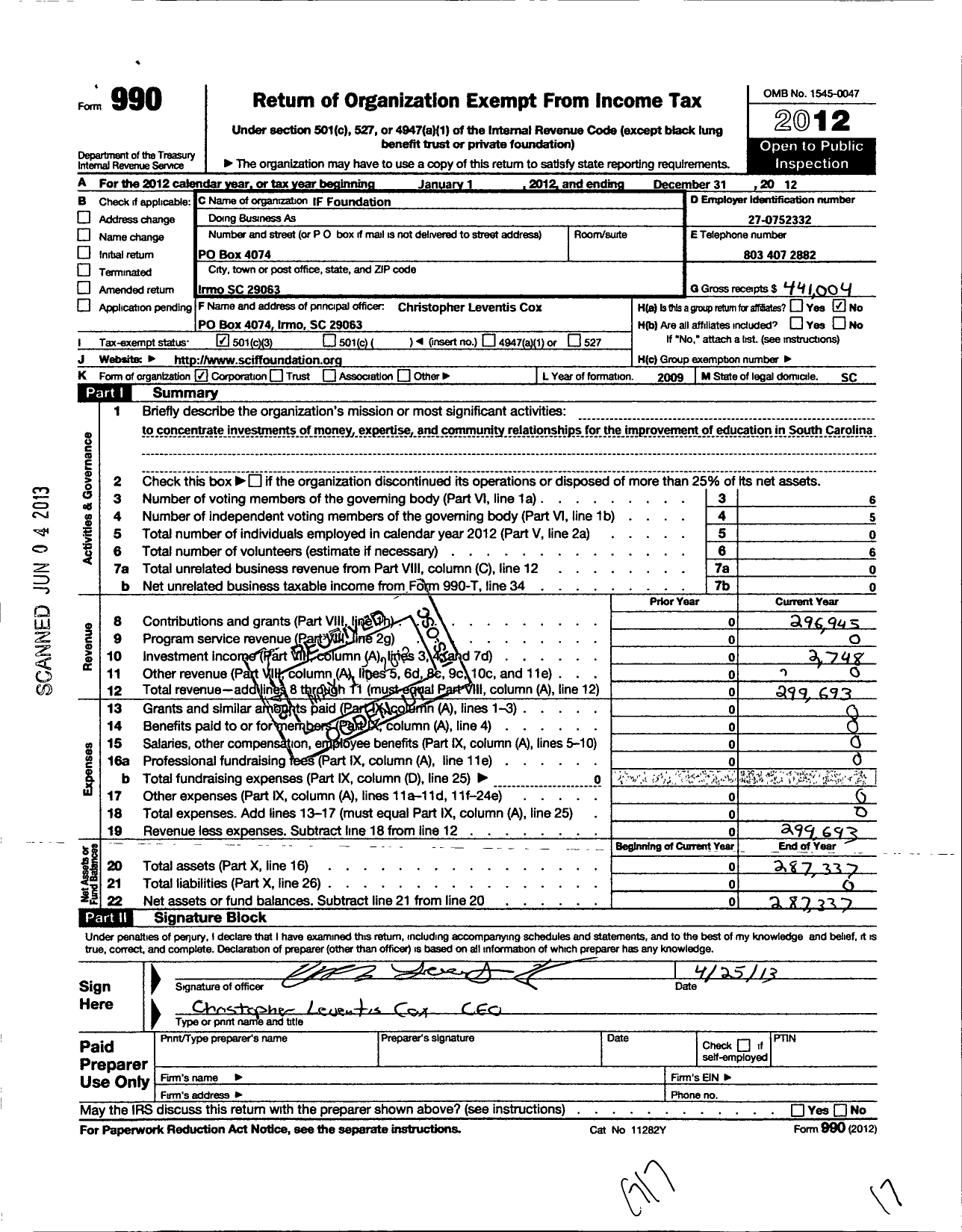 Image of first page of 2012 Form 990 for If Foundation