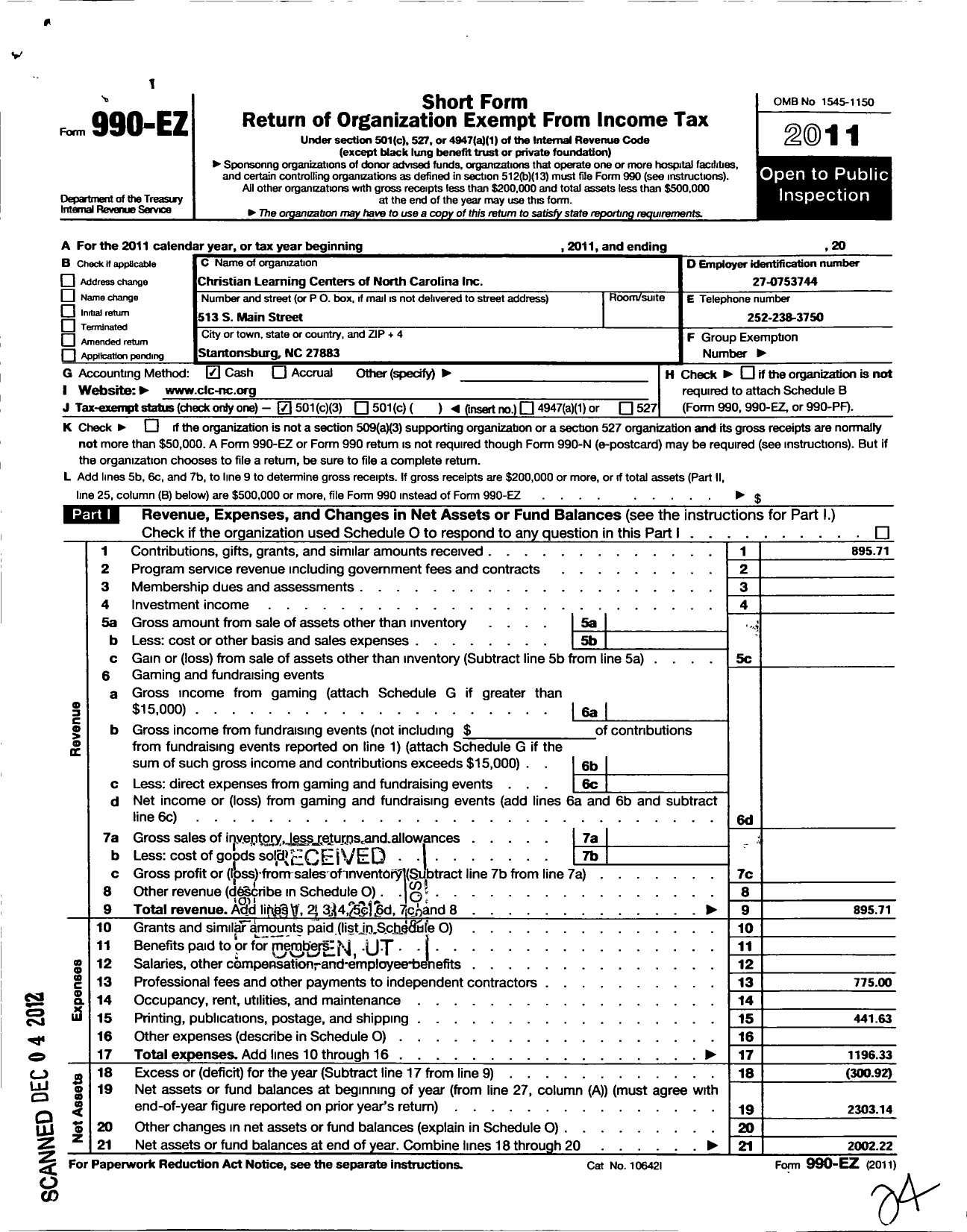 Image of first page of 2011 Form 990EZ for Christian Learning Centers of North Carolina