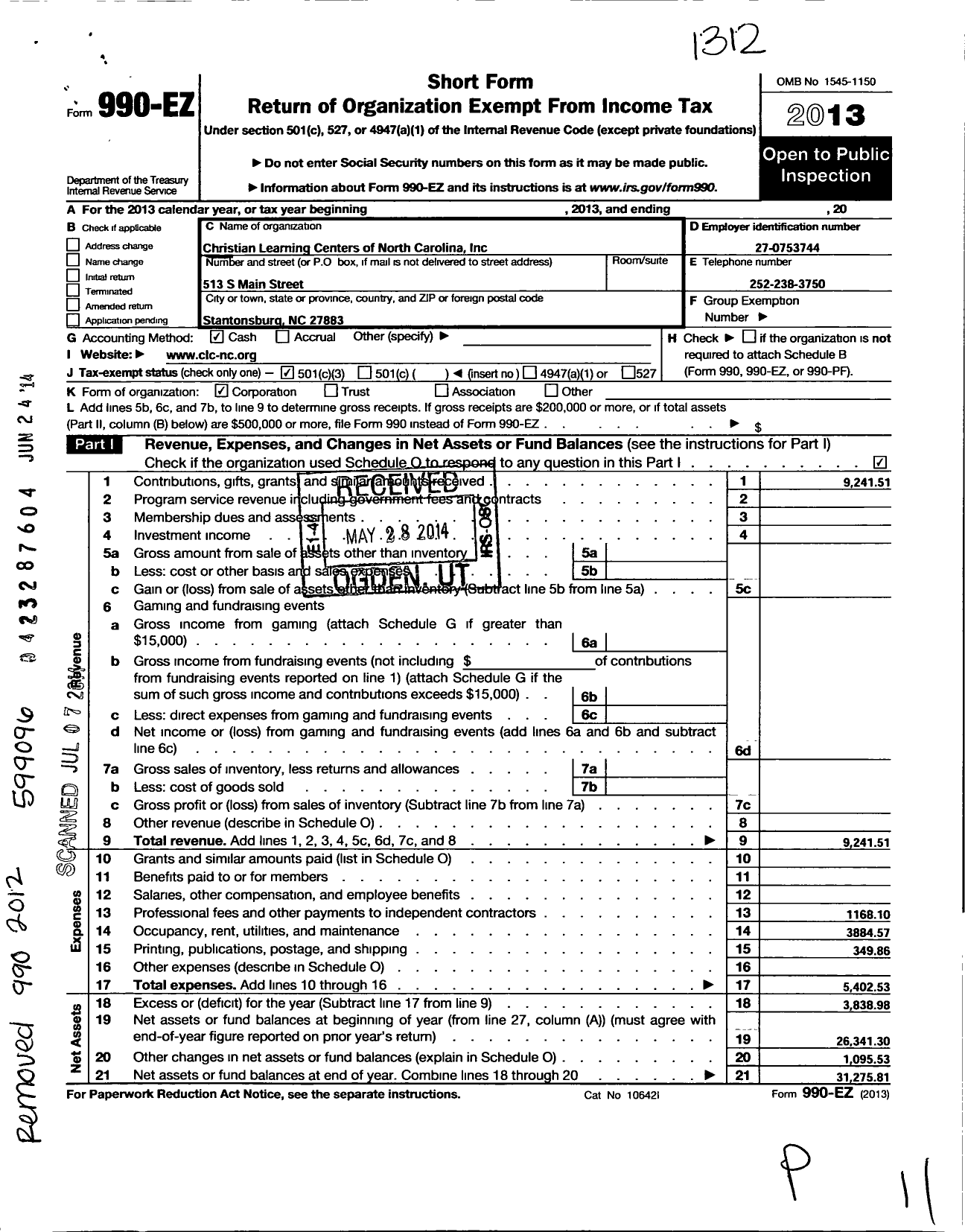 Image of first page of 2013 Form 990EZ for Christian Learning Centers of North Carolina