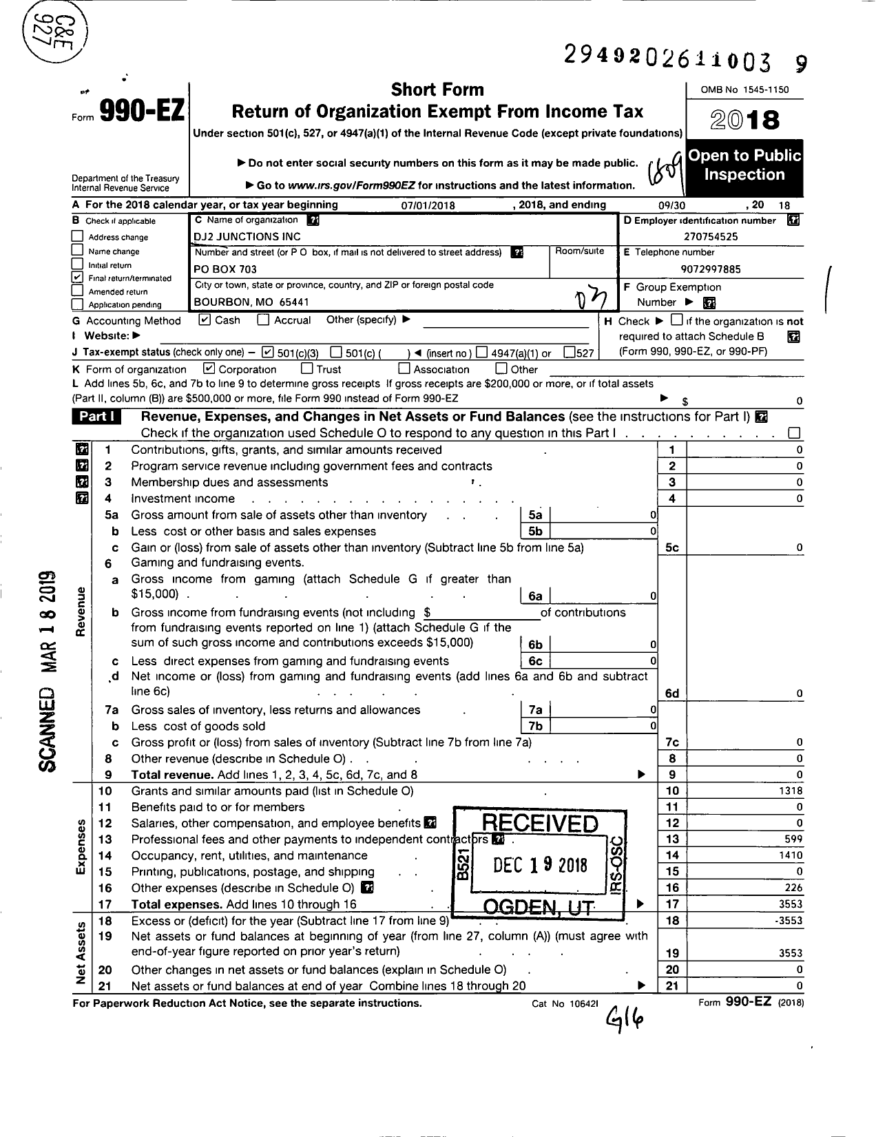 Image of first page of 2017 Form 990EZ for DJ2 Junctions