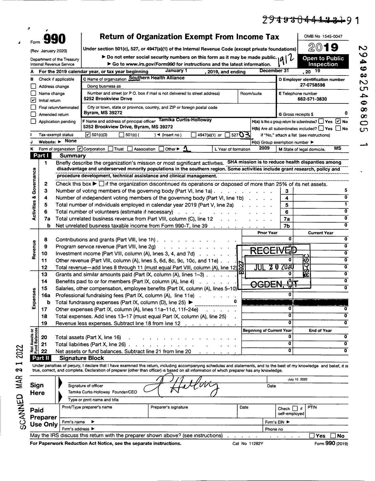 Image of first page of 2019 Form 990 for Southern Health Alliance