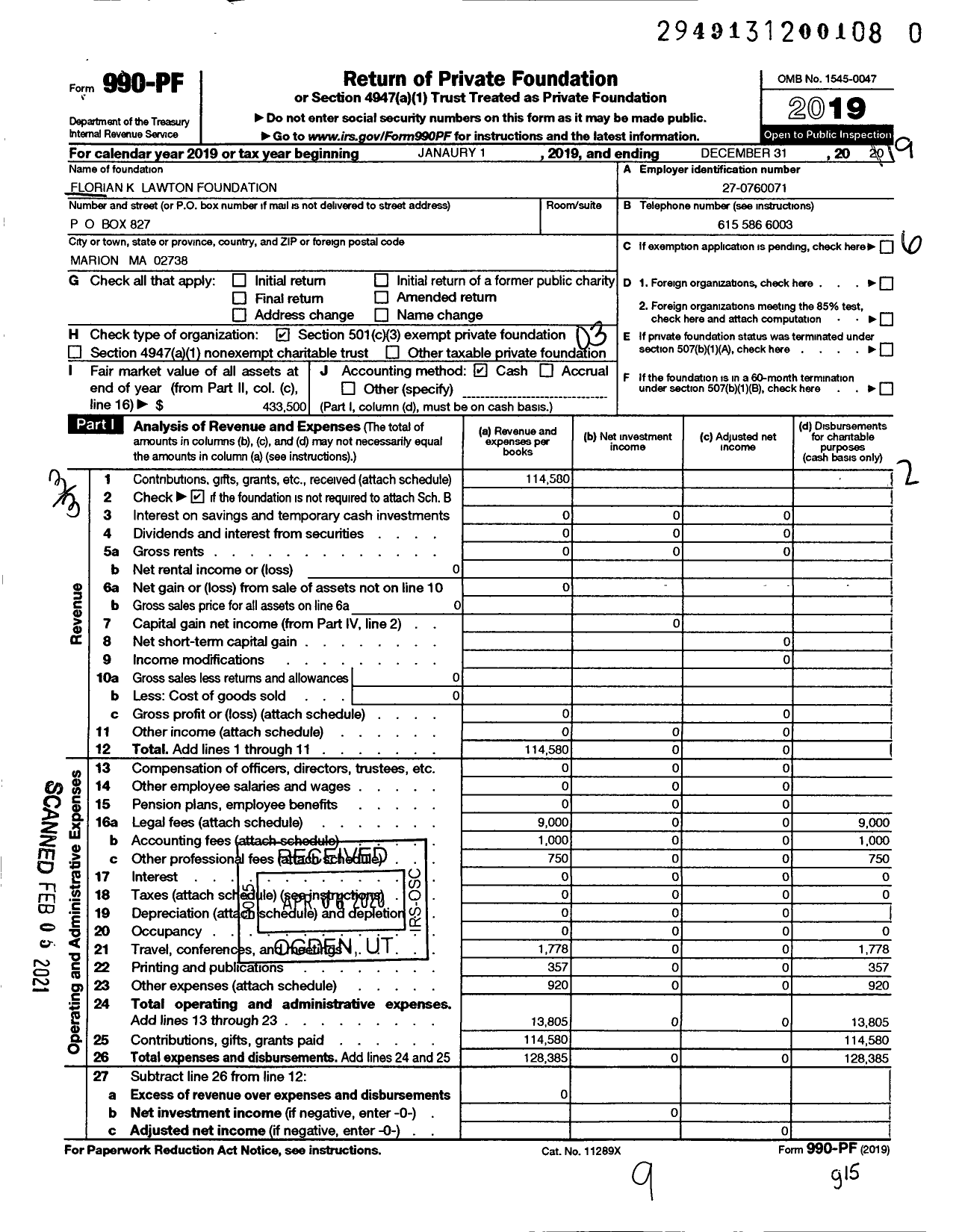 Image of first page of 2019 Form 990PF for Florian K Lawton Foundation