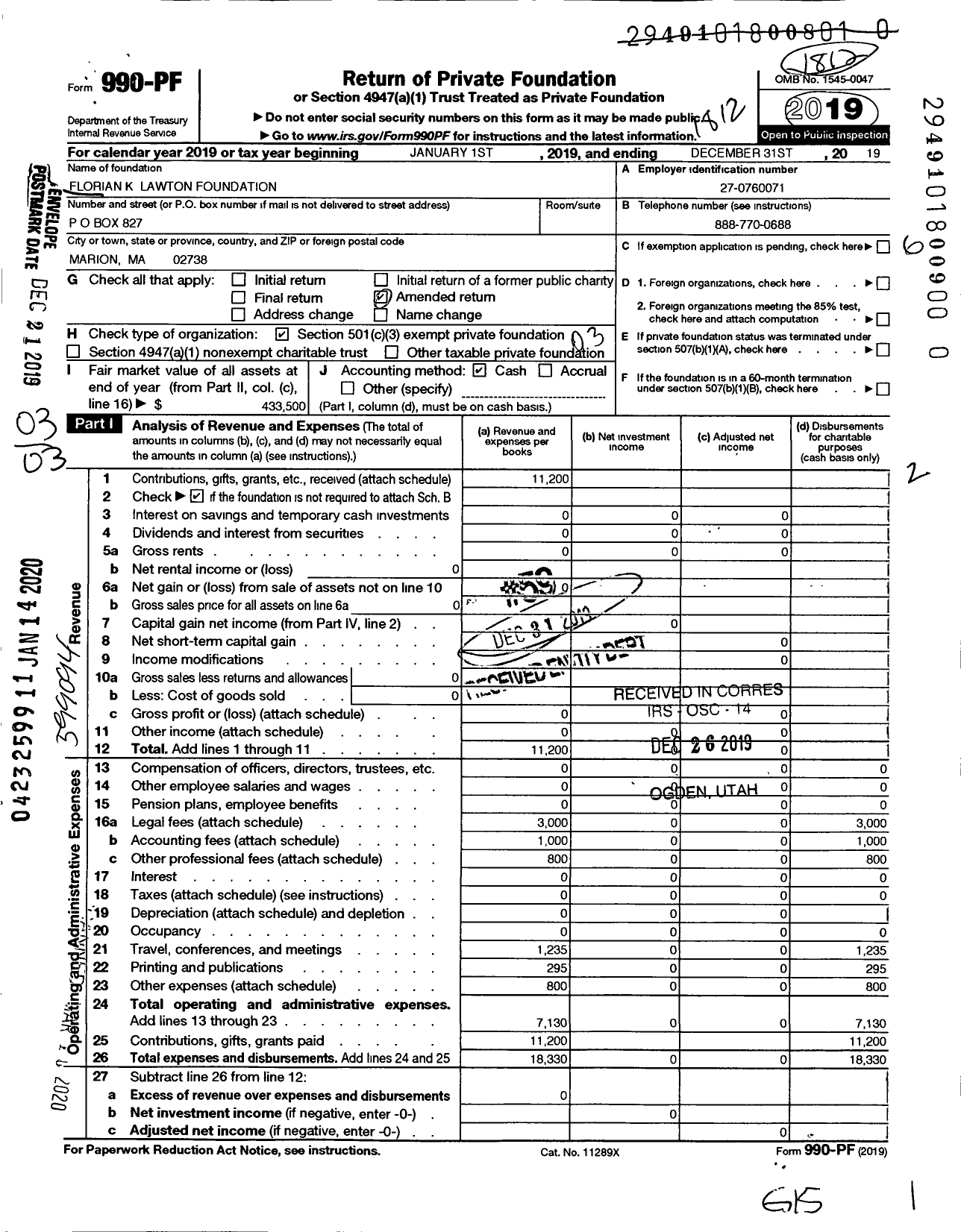 Image of first page of 2018 Form 990PR for Florian K Lawton Foundation